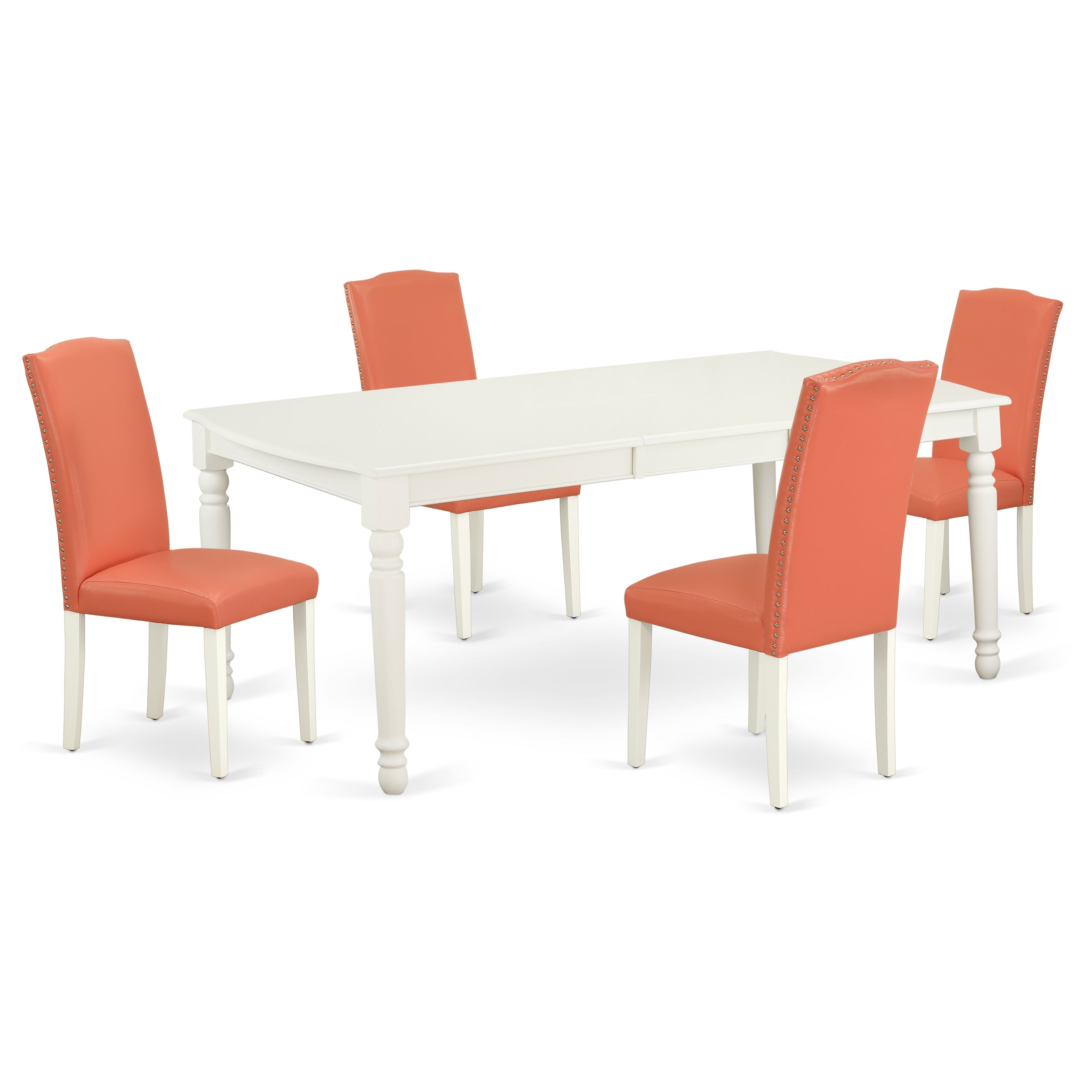 DOEN5-LWH-78 5Pc Rectangular 60/78" Table With 18 In Leaf And Four Parson Chair With Linen White Leg And Pu Leather Color Pink Flamingo