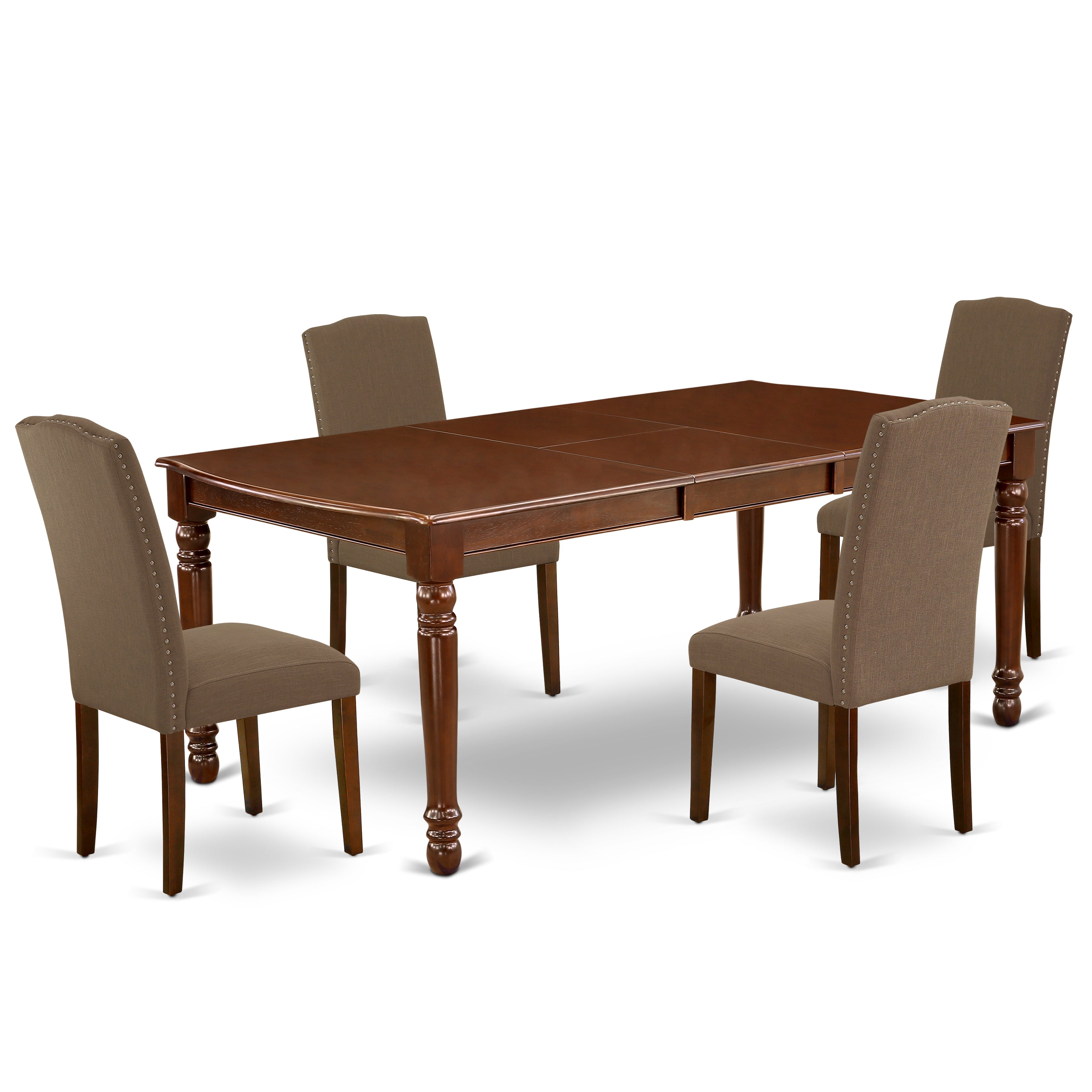 El juego de comedor de 5 piezas East West Furniture DOEN5-MAH-18 incluye una mesa de comedor rectangular con diseño de hojas de mariposa y 4 sillas de comedor Parson de tela de lino color café oscuro.