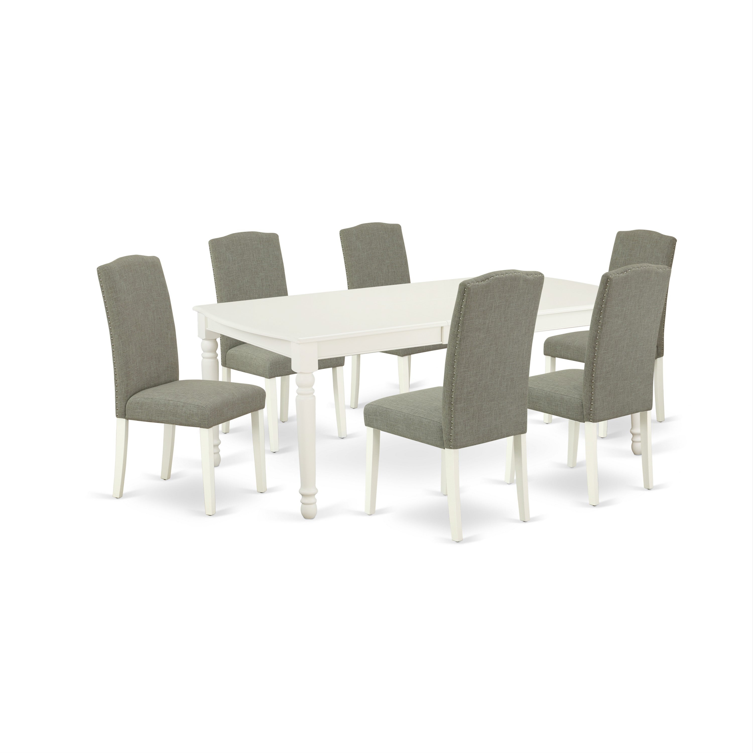 Juego de comedor de 7 piezas East West Furniture DOEN7-LWH-06 compuesto por una mesa rectangular de madera con diseño de hojas de mariposa y 6 sillas de comedor Parson de tela de lino shitake oscuro.