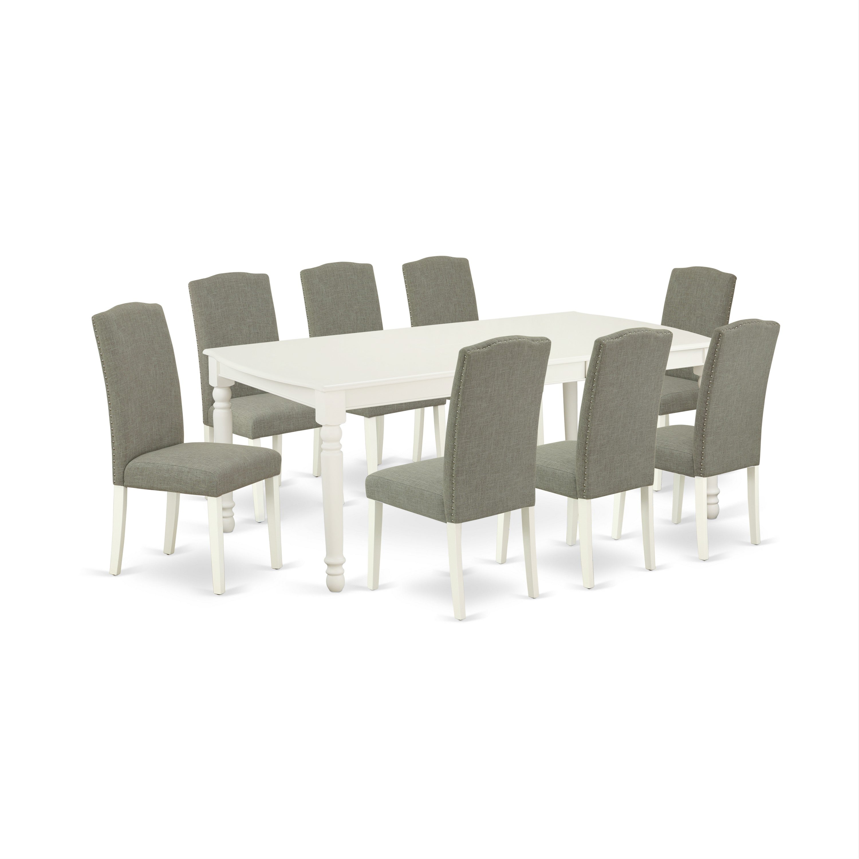 El juego de mesa de cocina de 9 piezas East West Furniture DOEN9-LWH-06 incluye una mesa de comedor rectangular con hojas de mariposa y 8 sillas acolchadas de tela de lino shitake oscuro.