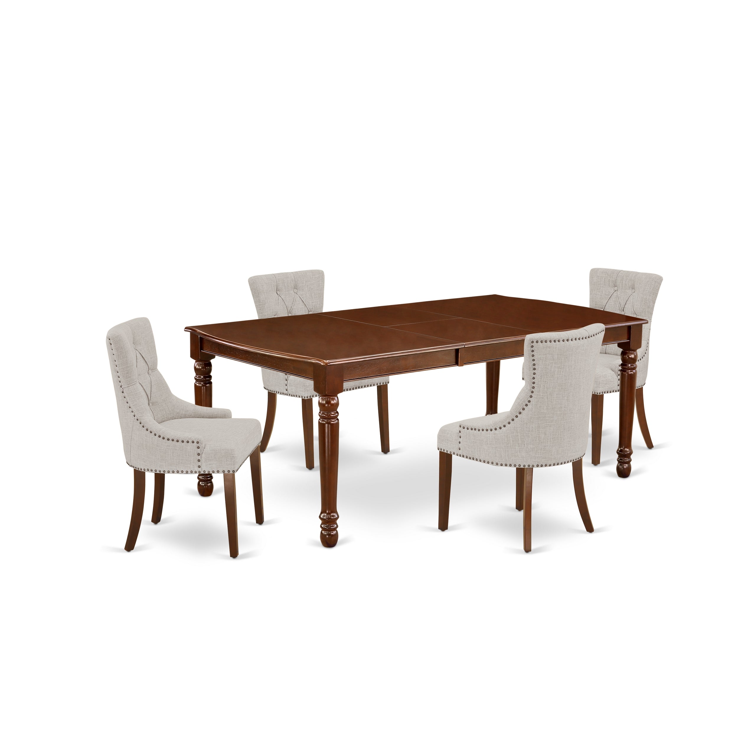 DOFR5-MAH-05 5Pc Dining Set Includes a Rectangle Dinette Table with Butterfly Leaf and Four Parson Chairs with Doeskin Fabric, Mahogany Finish