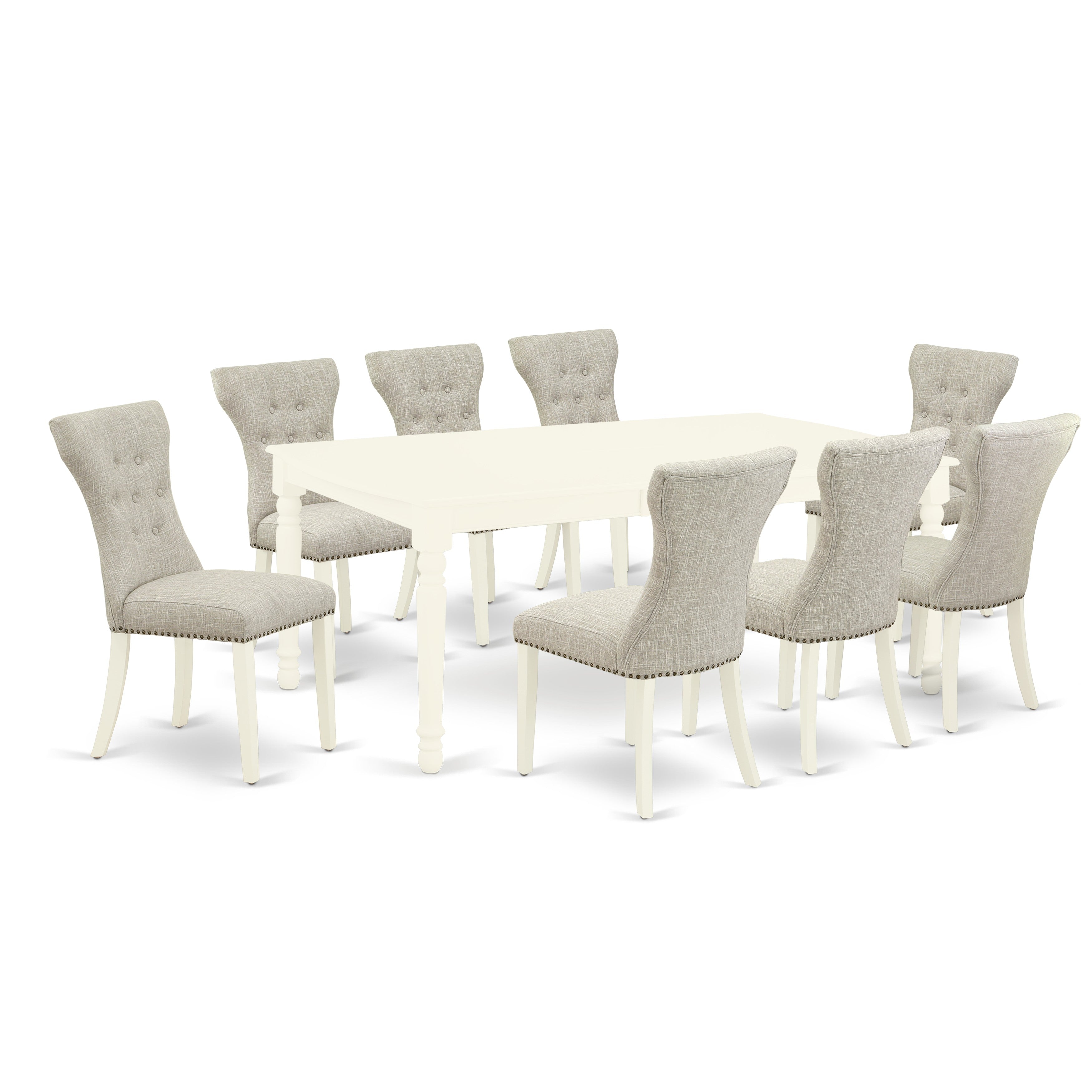 East West Furniture DOGA9-LWH-35 9-Piece small dining table set- 8 dining room chairs and butterfly leaf dinner table hardwood frame -High back & Linen White Finish