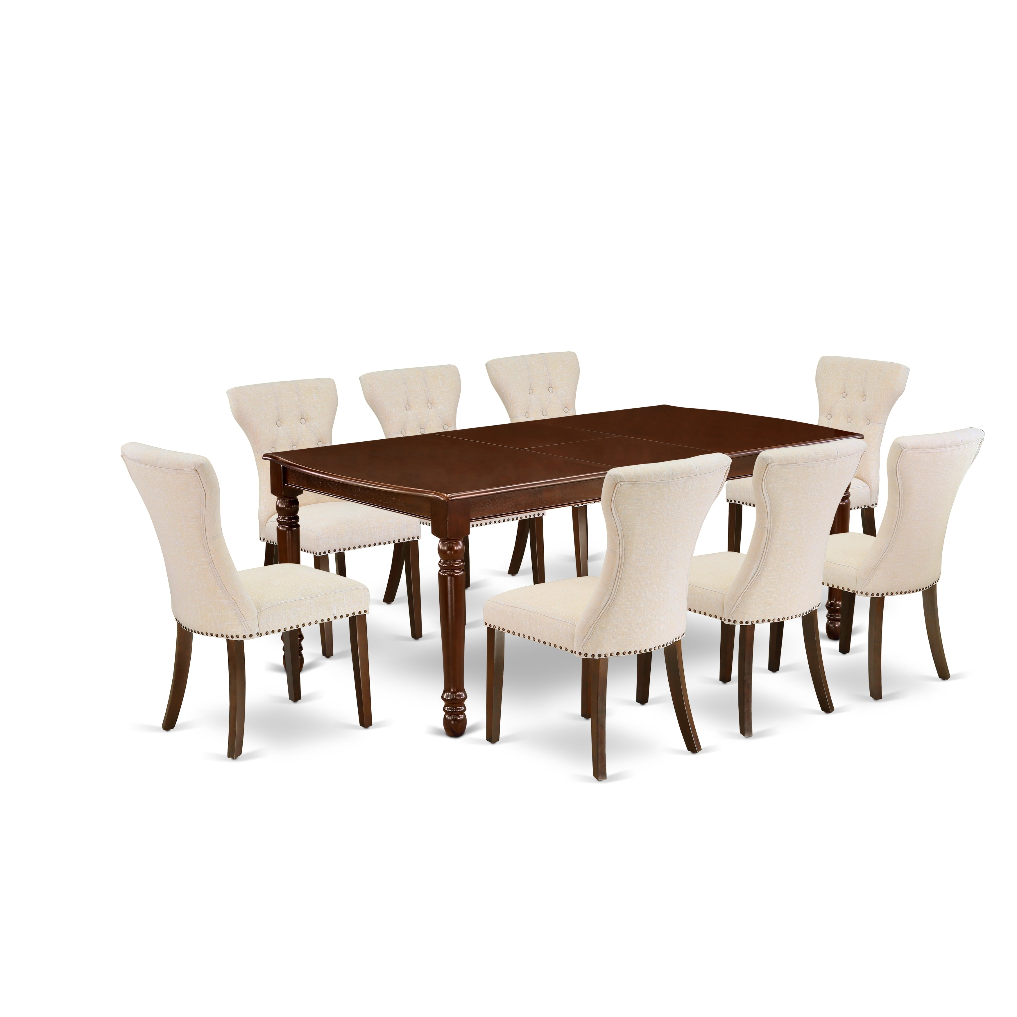East-West Furniture DOGA9-MAH-32 9-Piece rectangular dining table set- 8 upholstered dining chairs and Butterfly Leaf table solid wood frame -High back & Mahogany Finish