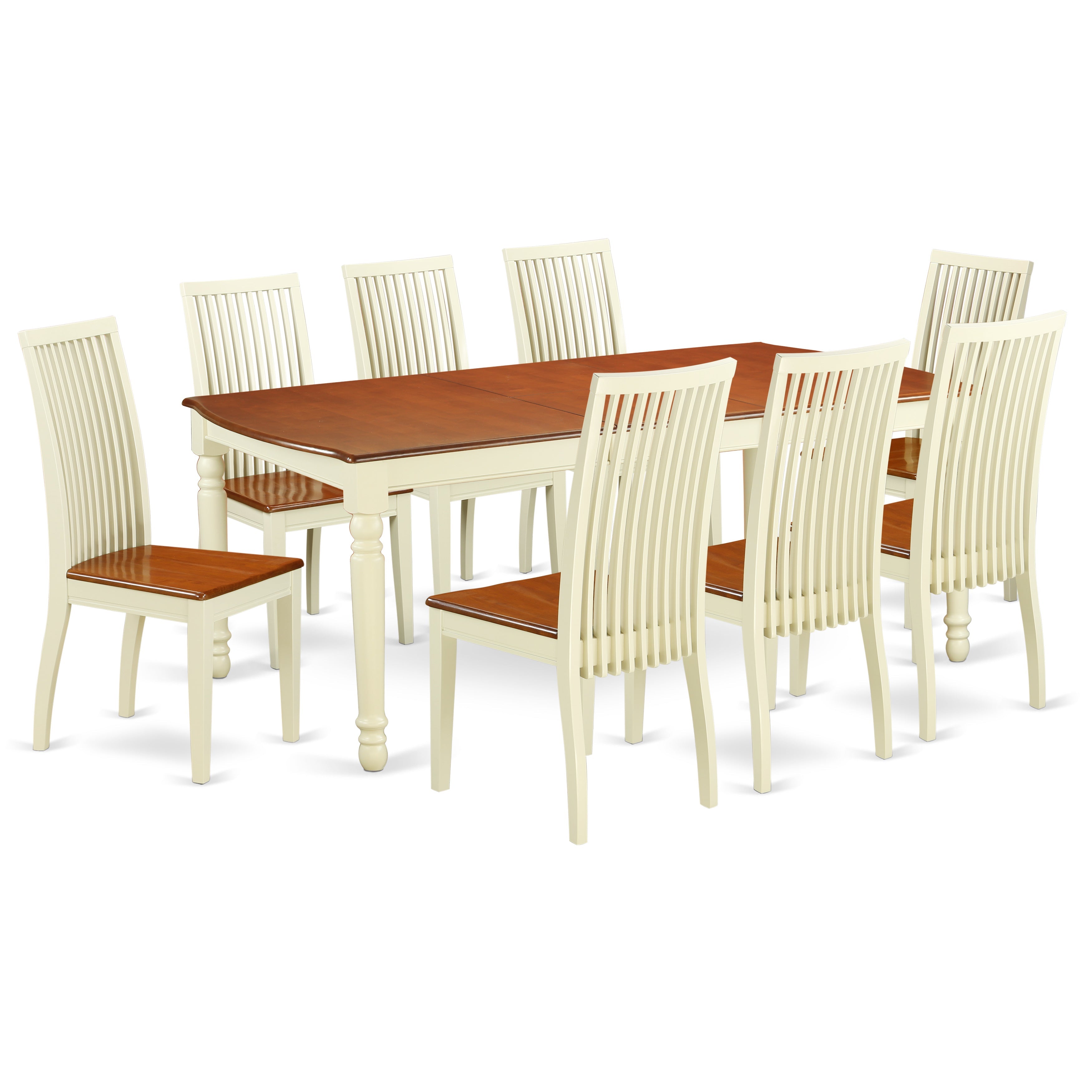 Juego de mesa de comedor moderna de 9 piezas East West Furniture DOIP9-BMK-W. Incluye una mesa rectangular de madera con diseño de hojas de mariposa y 8 sillas de comedor de cocina.