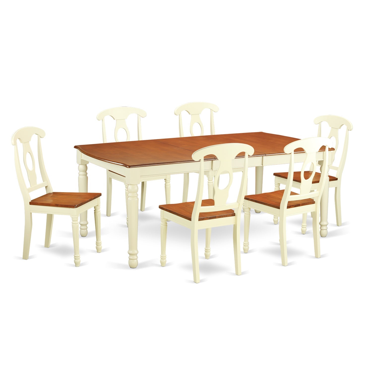 Juego de mesa y sillas de cocina East West Furniture DOKE7-WHI-W de 7 piezas. Incluye una mesa de comedor rectangular con hojas de mariposa y 6 sillas de madera maciza.