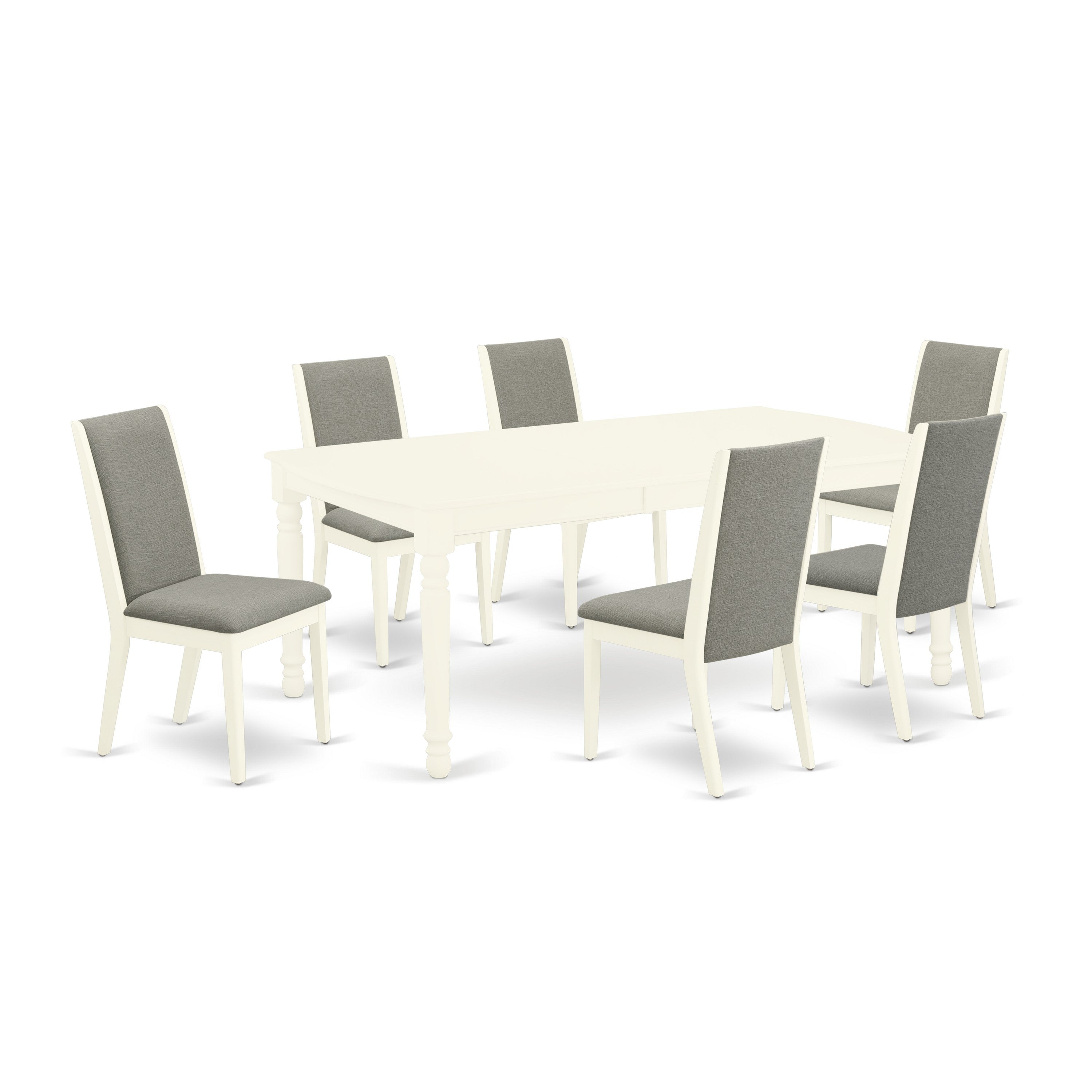 East West Furniture DOLA7-LWH-06 7-Piece kitchen dining table set- 6 parson chairs and butterfly leaf rectangular table hardwood frame -High back & Linen White Finish