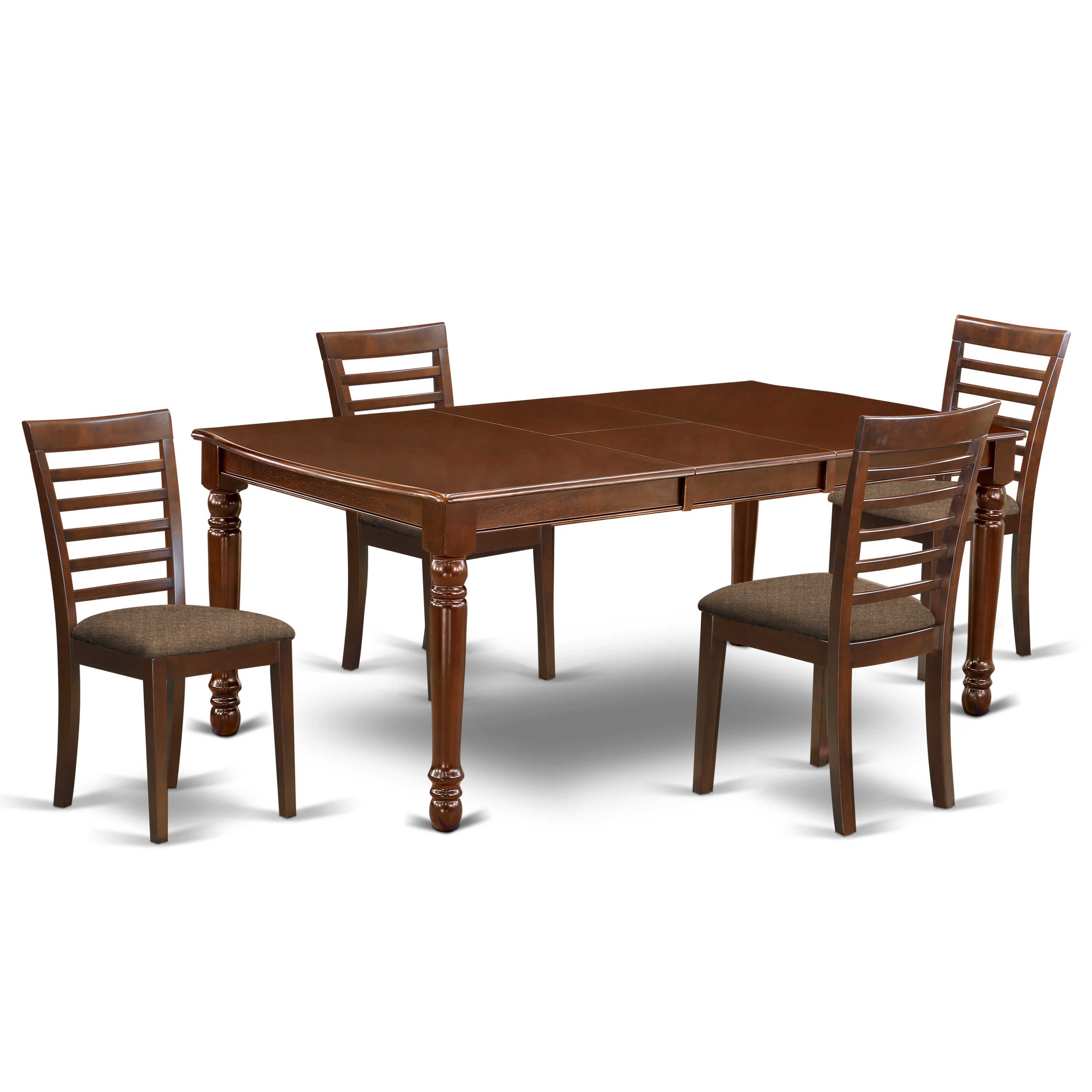 El juego de mesa de comedor de 5 piezas East West Furniture DOML5-MAH-C incluye una mesa de cocina rectangular con diseño de hojas de mariposa y 4 sillas de comedor tapizadas en tela de lino.
