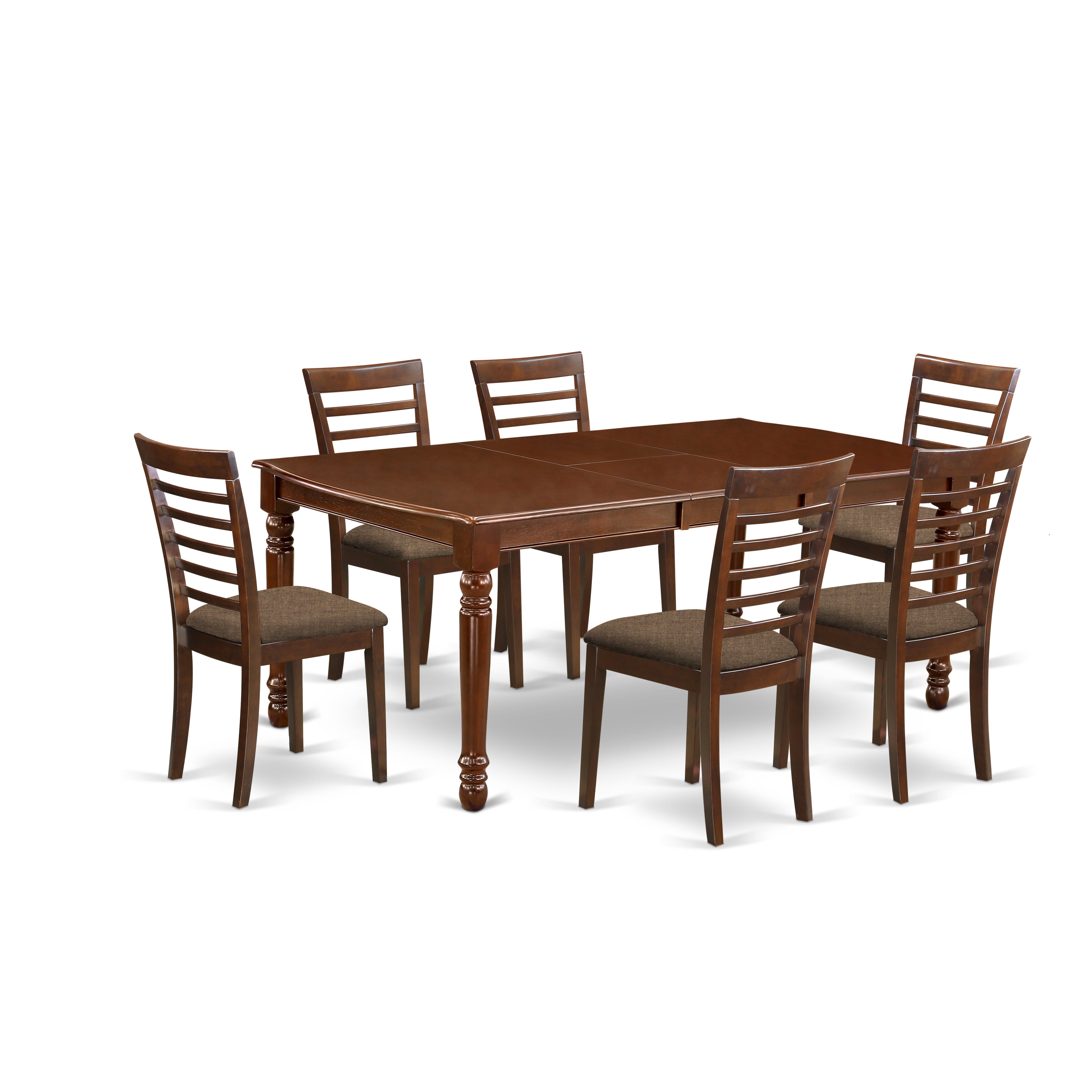 Juego de mesa y sillas de cocina de 7 piezas DOML7-MAH-C de East West Furniture. Incluye una mesa de comedor rectangular con diseño de hojas de mariposa y 6 sillas de comedor de tela de lino.