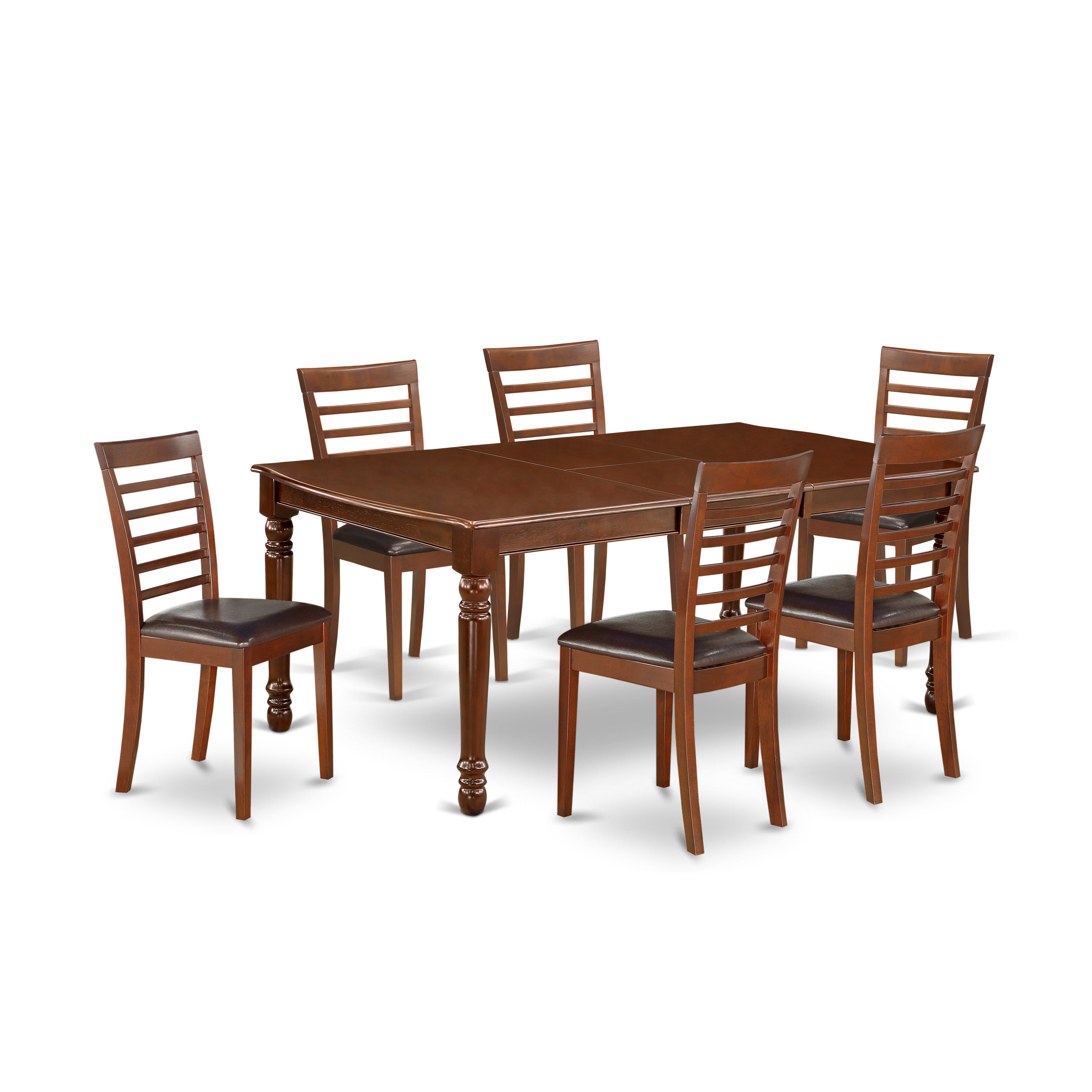DOML7-MAH-LC 7Pc Rectangular 60/78 Inch Dining Room Table With 18 In Leaf And 6 Kitchen Faux Leather Seat Chairs