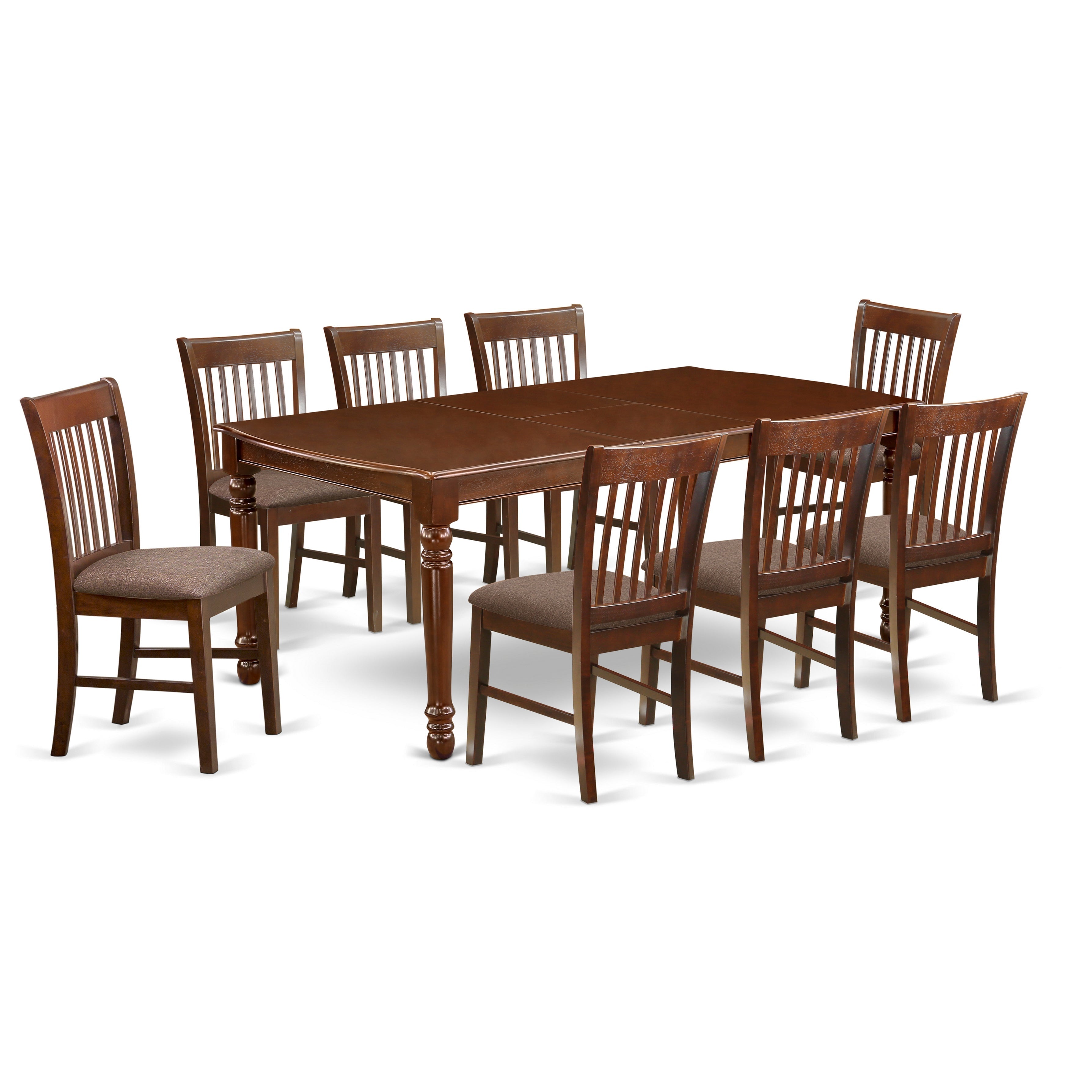 El juego de mesa de comedor East West Furniture DONO9-MAH-C de 9 piezas incluye una mesa de comedor rectangular con hojas de mariposa y 8 sillas tapizadas en tela de lino.