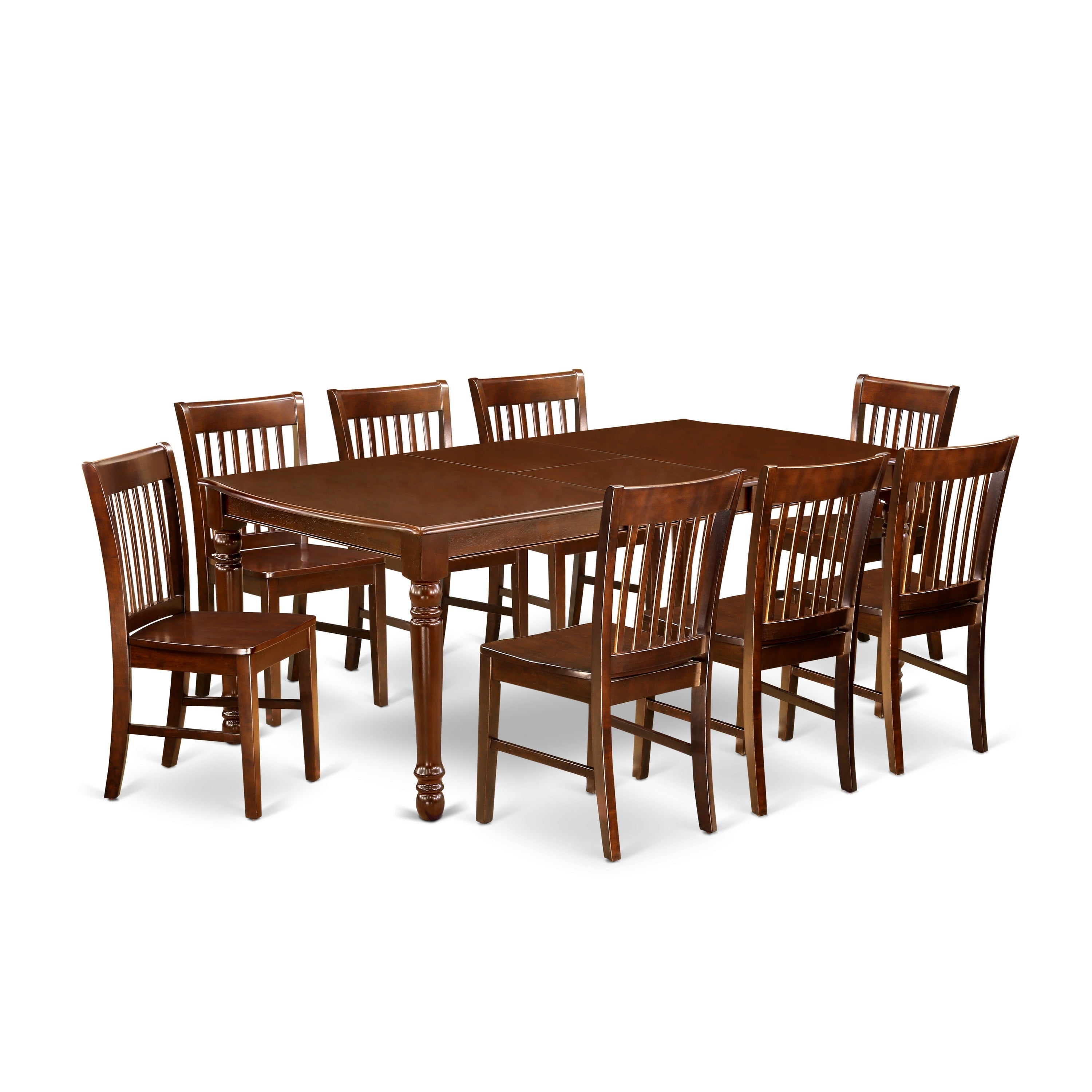 El juego de mesa de cocina de 9 piezas DONO9-MAH-W de East West Furniture incluye una mesa de comedor rectangular con diseño de hojas de mariposa y 8 sillas de comedor.