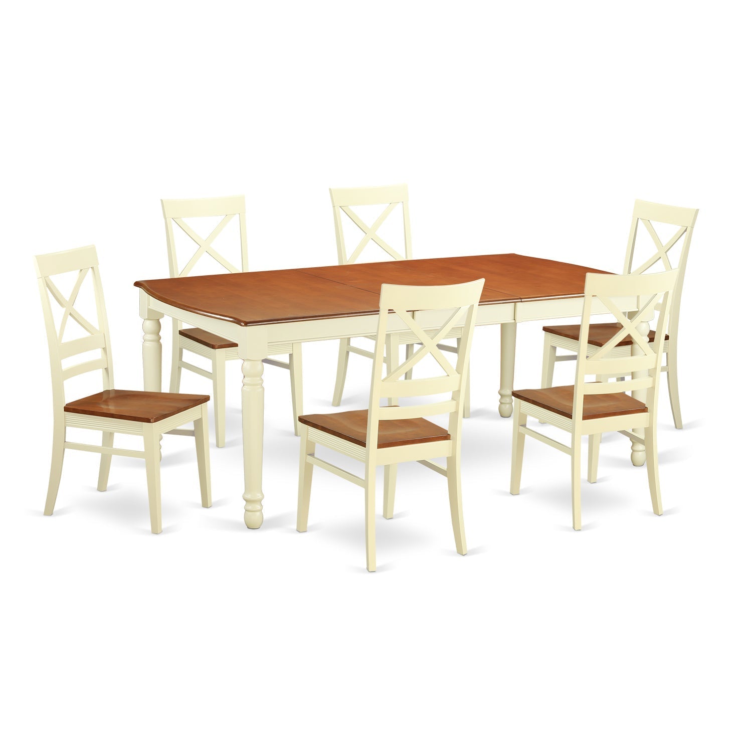 Juego de mesa de comedor de 7 piezas East West Furniture DOQU7-WHI-W compuesto por una mesa rectangular de madera con diseño de hojas de mariposa y 6 sillas de comedor de cocina.