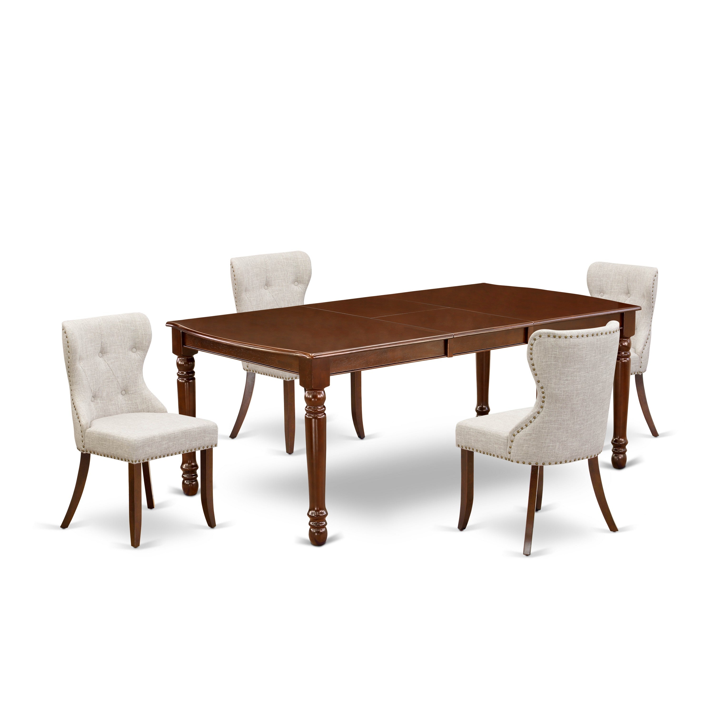 Juego de comedor de 5 piezas East West Furniture DOSI5-MAH-35. Incluye una mesa de comedor rectangular con diseño de hojas de mariposa y 4 sillas tapizadas en tela de lino y piel de venado.