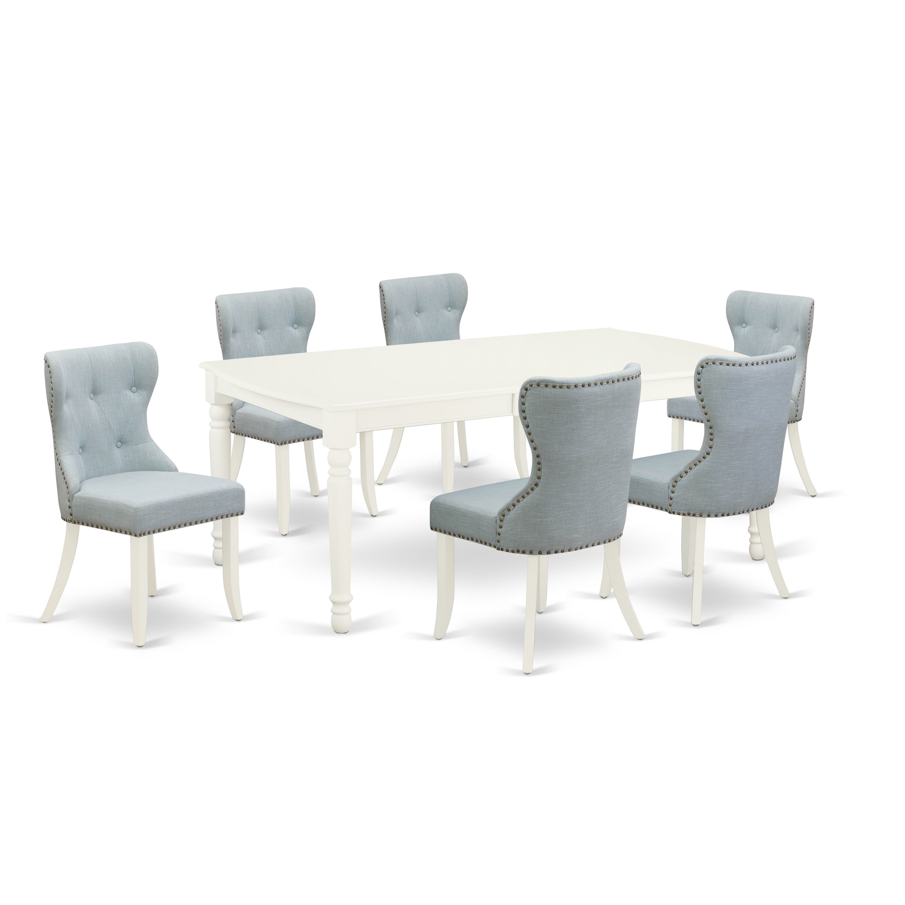 Juego de mesa de cocina de 7 piezas East West Furniture DOSI7-LWH-15 compuesto por una mesa de comedor rectangular con diseño de hojas de mariposa y 6 sillas de comedor Parson de tela de lino azul bebé.