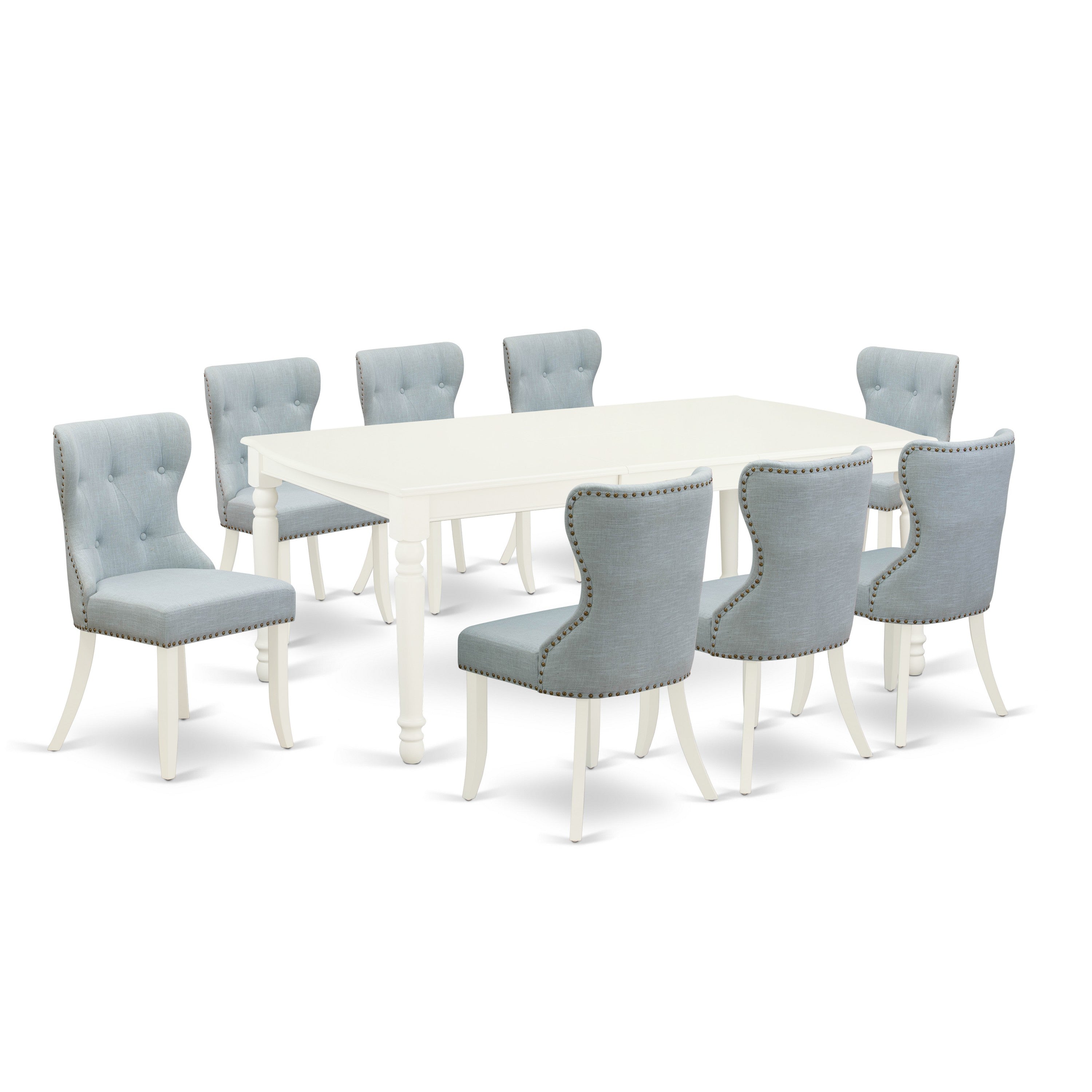 El juego de mesa de comedor East West Furniture DOSI9-LWH-15 de 9 piezas incluye una mesa de comedor rectangular con diseño de hojas de mariposa y 8 sillas tapizadas en tela de lino azul bebé.