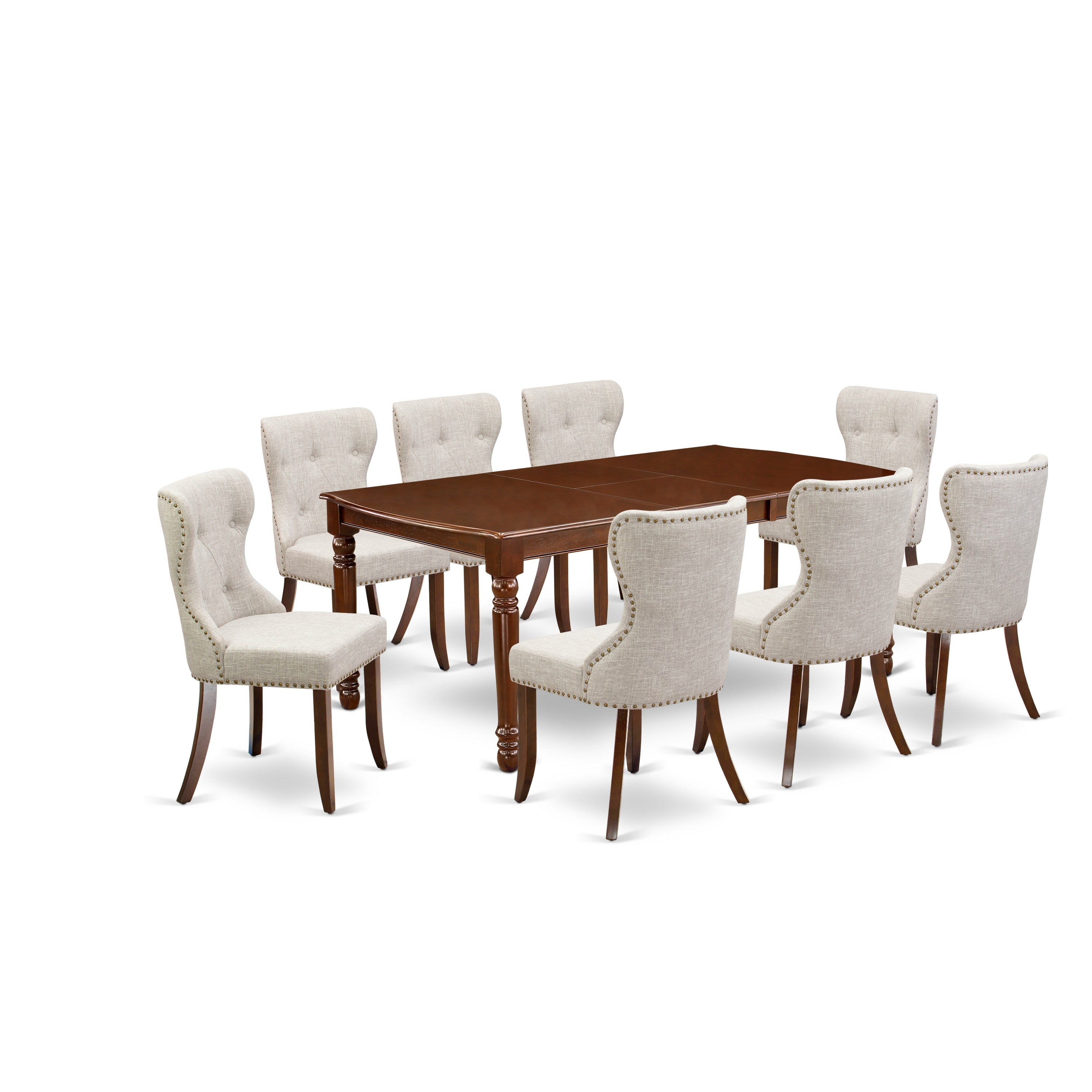 El juego de mesa de comedor East West Furniture DOSI9-MAH-35 de 9 piezas incluye una mesa de comedor rectangular con diseño de hojas de mariposa y 8 sillas Parsons de tela de lino y piel de venado.