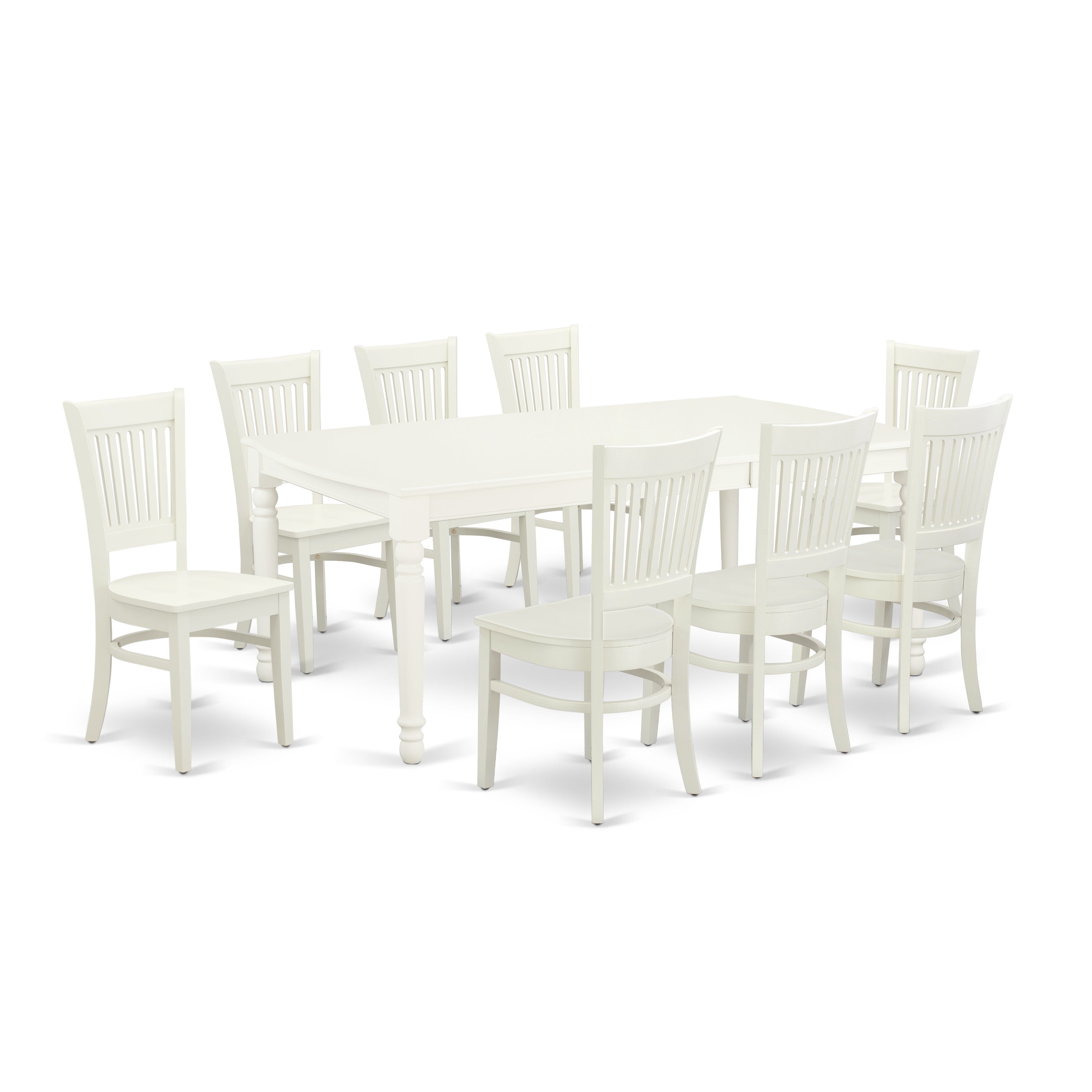 East West Furniture DOVA9-LWH-W 9-Piece wooden dining table set - 8 kitchen chair with Slatted Back and a Solid wood Seat and a Butterfly Leaf wood dining table with Rectangular Top and 4 Legs - Linen White Finish
