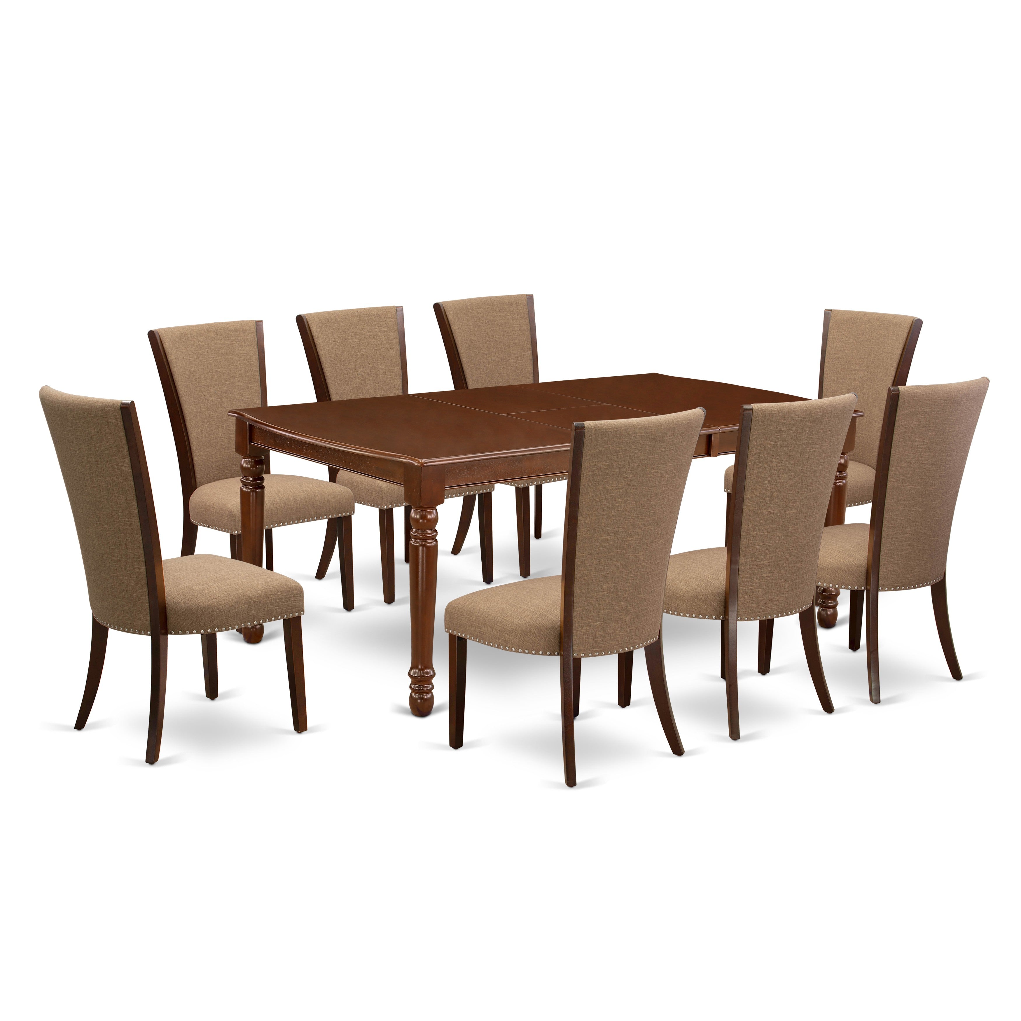 EAST WEST FURNITURE - DOVE9-MAH-47 - 9 Piece Modern Dining Set - 8 Light Sable Linen Fabric Dining Room Chairs with High Back and 1 Removable leaf Rectangular Dining Table - Mahogany Finish
