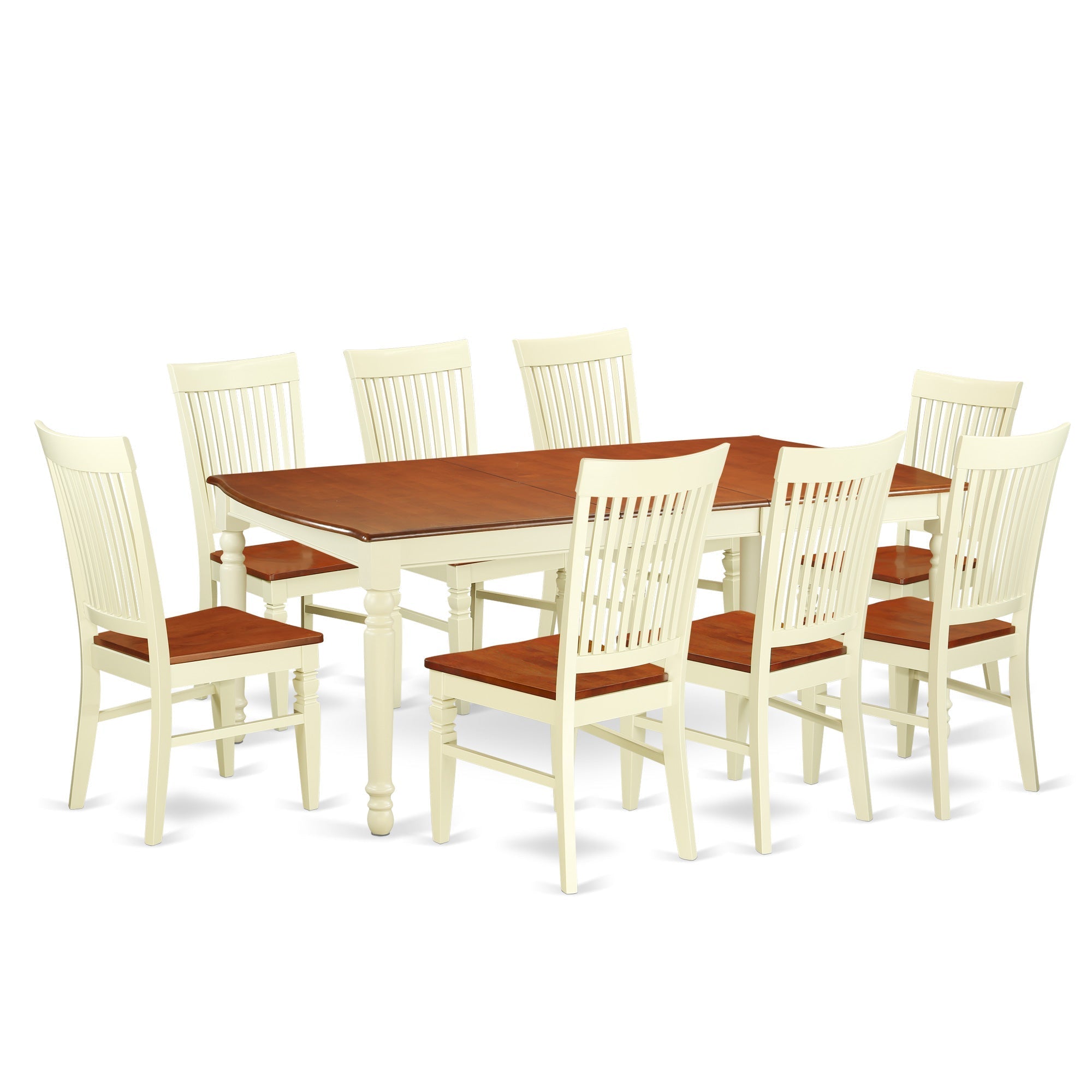 El juego de comedor East West Furniture DOWE9-BMK-W de 9 piezas incluye una mesa de cocina rectangular con diseño de hojas de mariposa y 8 sillas de comedor.