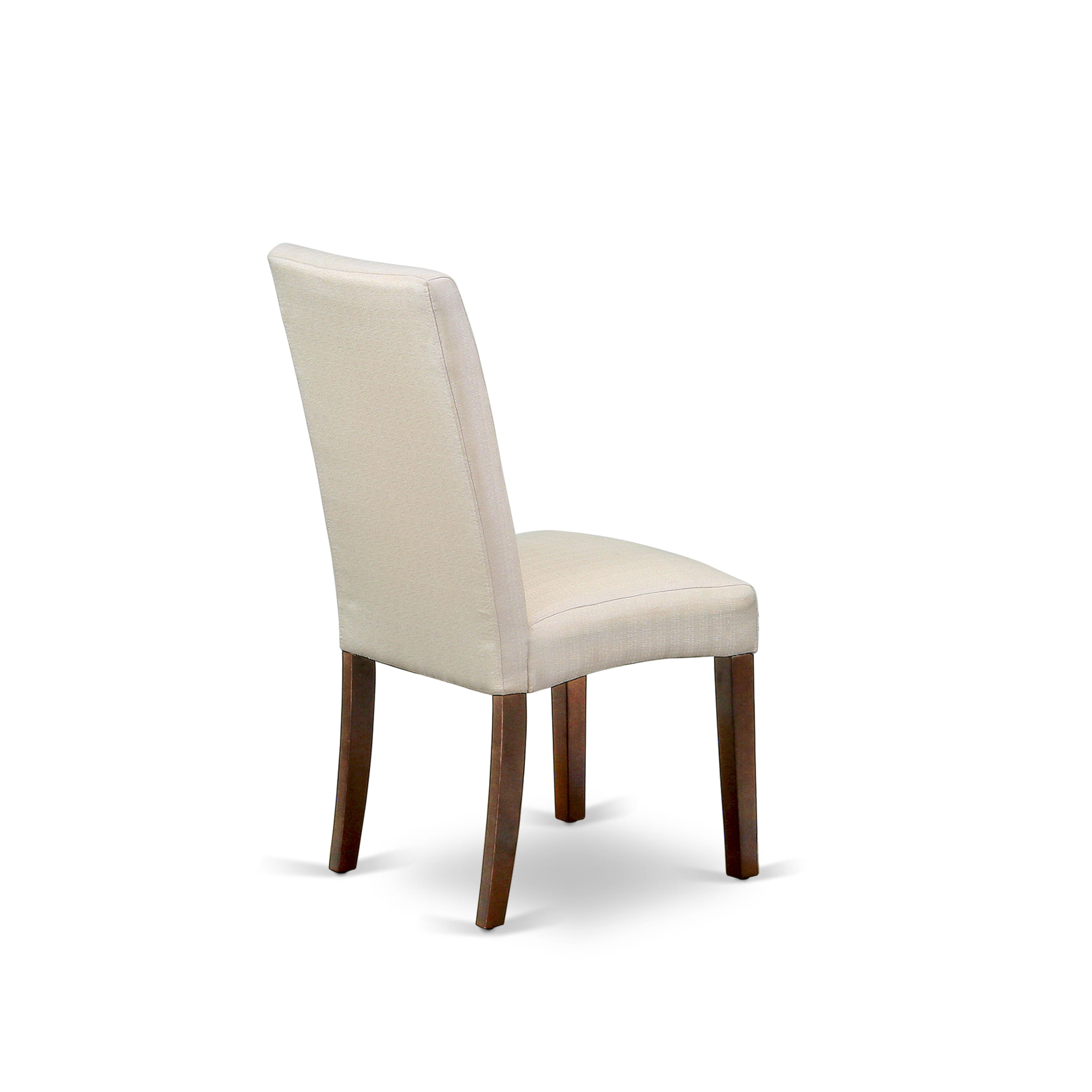 Juego de mesa de comedor de 3 piezas ANDR3-MAH-01 de East West Furniture. Incluye una mesa de cocina redonda con pedestal y dos sillas Parson tapizadas en tela de lino color crema.