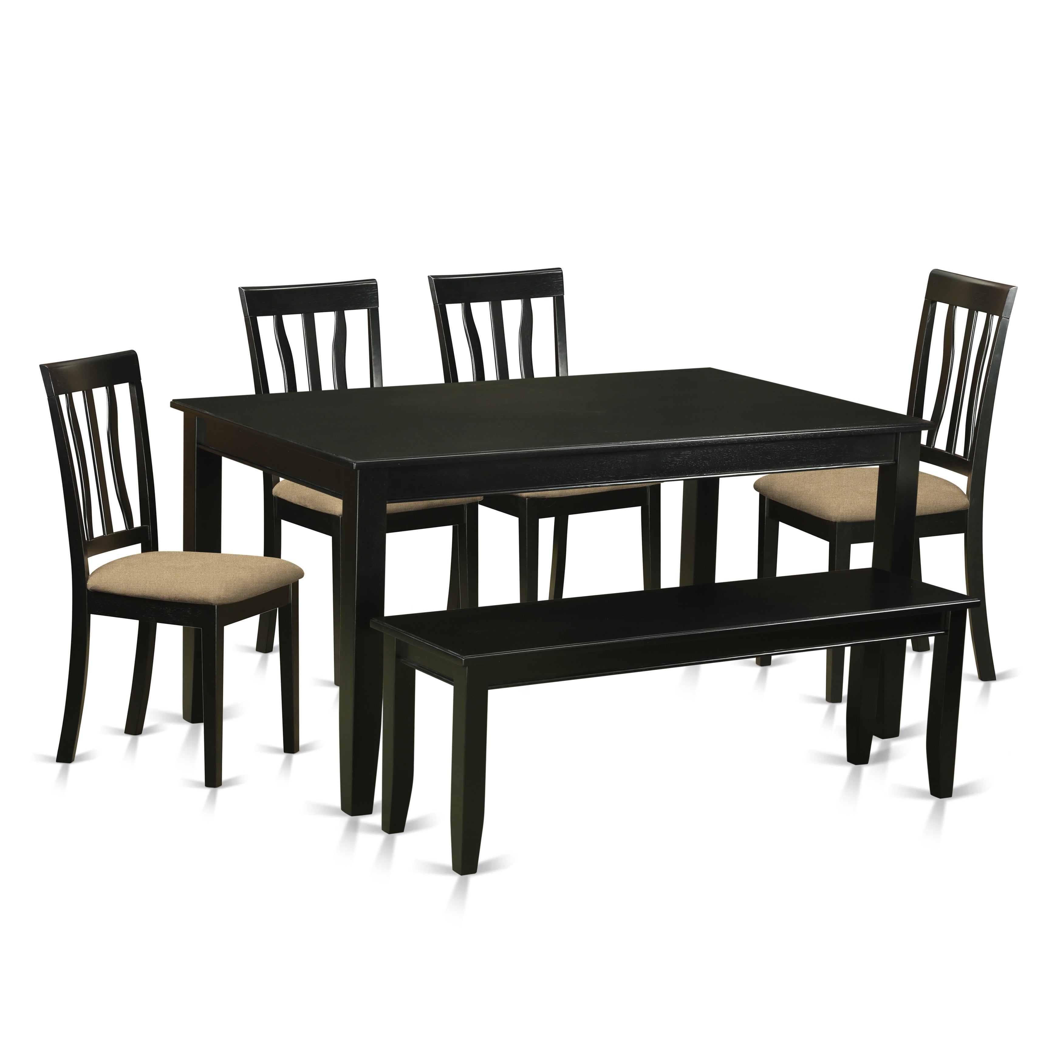 Juego de mesa de comedor de 6 piezas East West Furniture DUAN6-BLK-C. Contiene una mesa de cocina rectangular y 4 sillas de comedor de tela de lino con un banco.