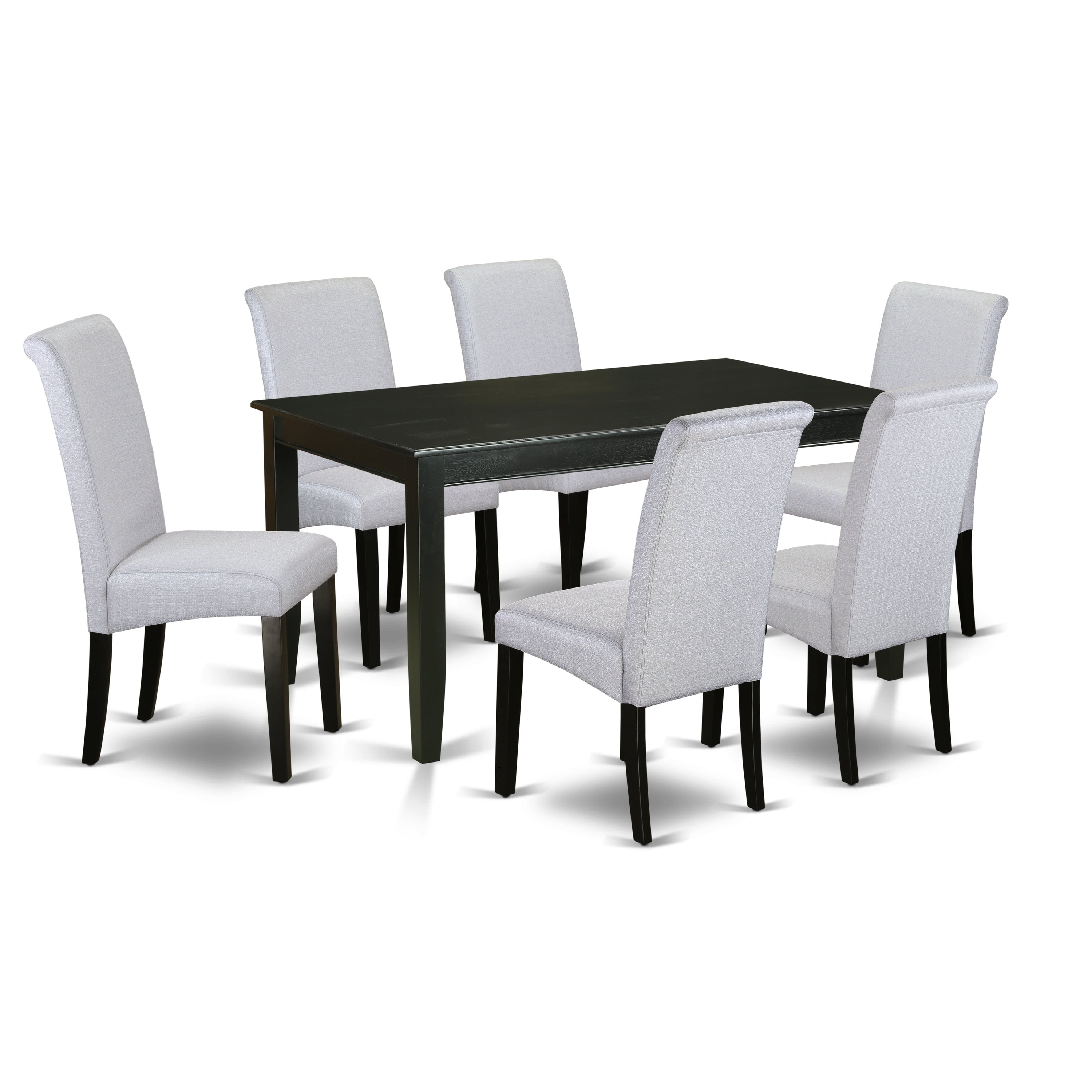 DUBA7-BLK-05 7Pc Dining table with linen grayish blue fabric Parson chairs with black chair legs