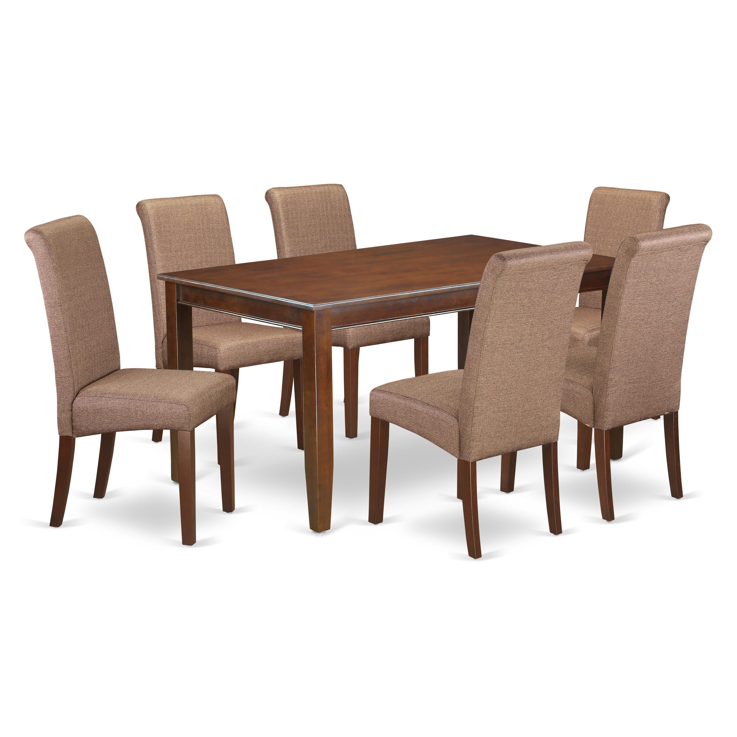 DUBA7-MAH-18 7Pc Kitchen table with linen brown fabric Parson chairs with mahogany chair legs