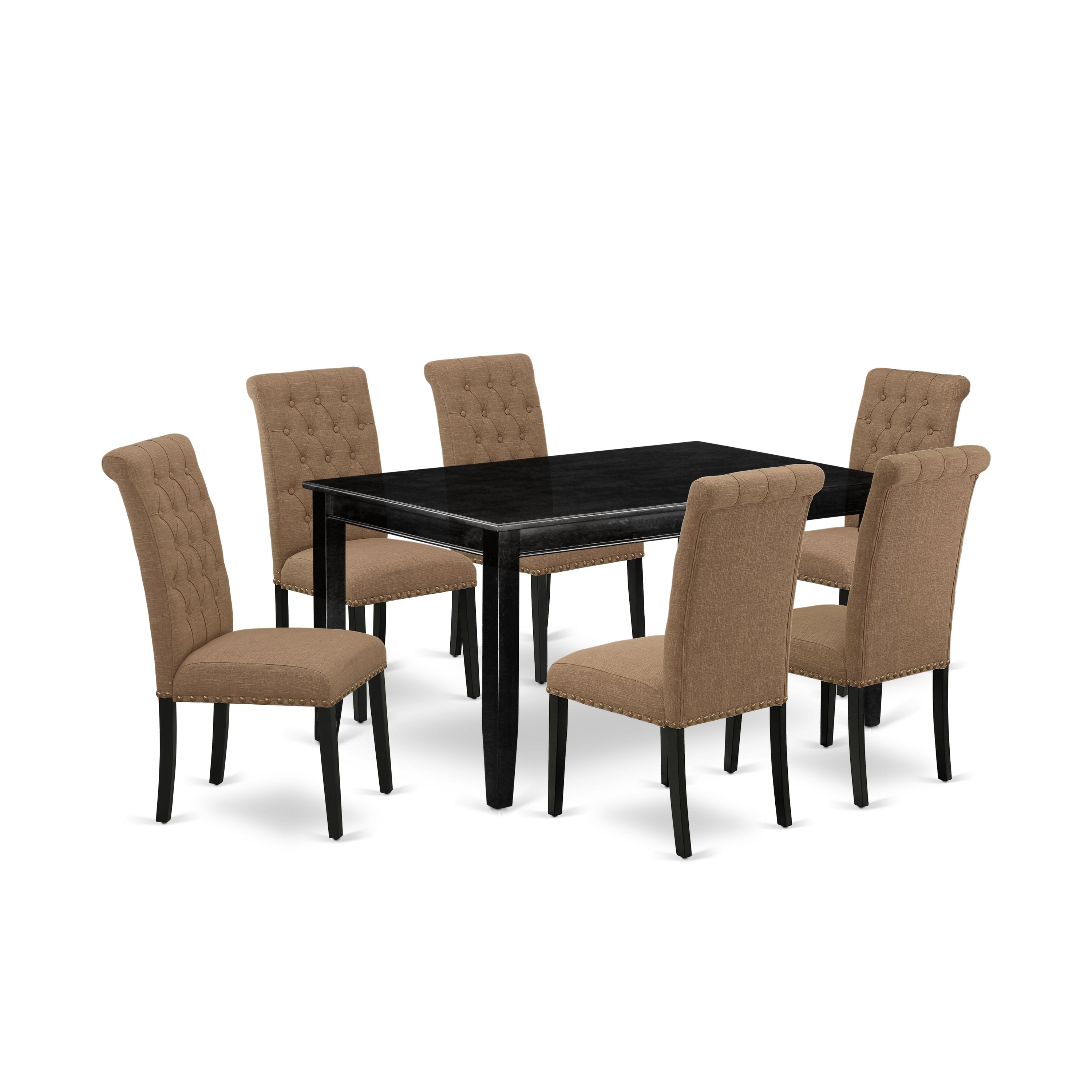 Juego de comedor de 7 piezas East West Furniture DUBR7-BLK-17 compuesto por una mesa de comedor rectangular y 6 sillas Parsons de tela de lino color sable claro.