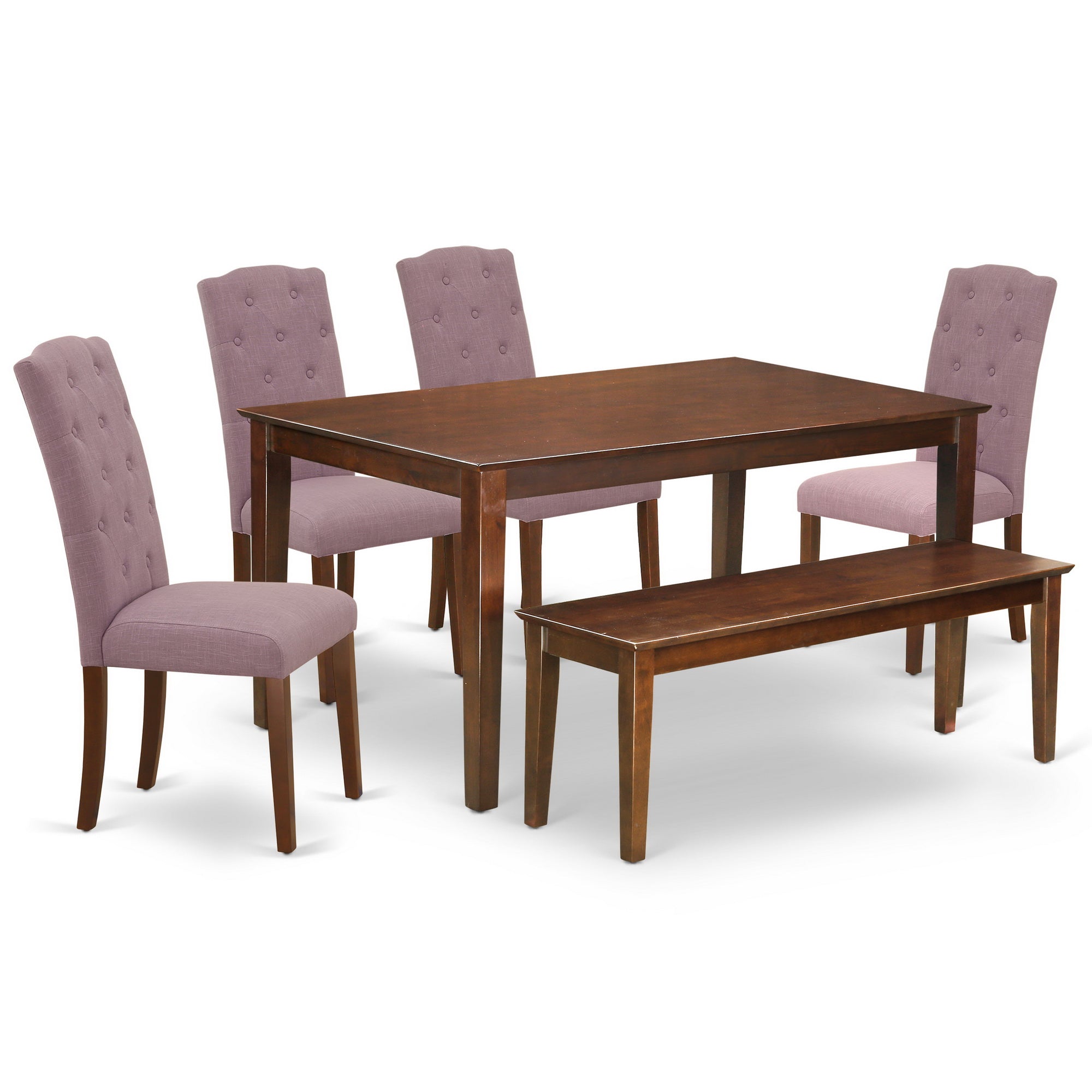 Juego de mesa de comedor de 6 piezas DUCE6-MAH-10 de East West Furniture. Contiene una mesa de cocina rectangular y 4 sillas Parson de tela de lino Dahlia con un banco.