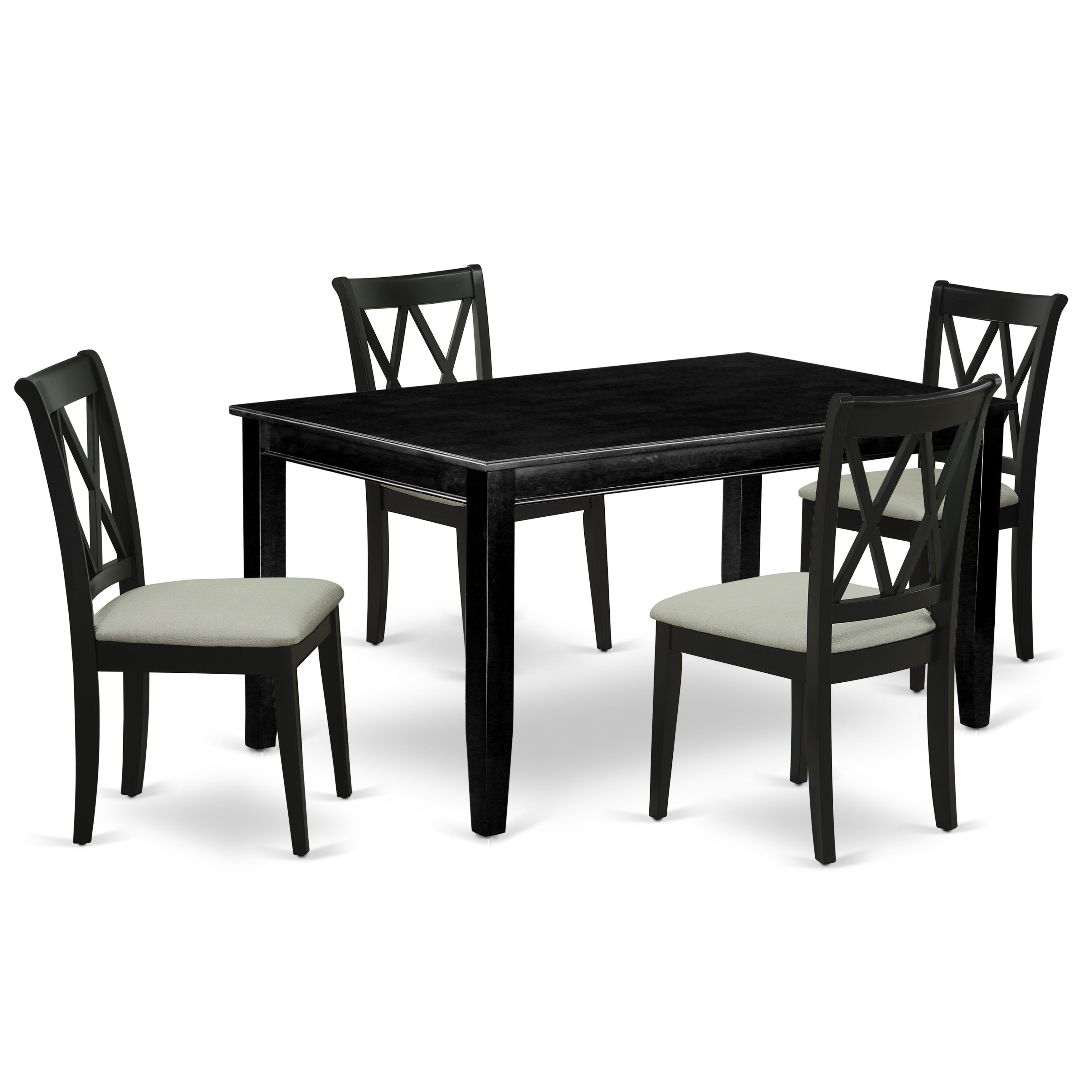 Juego de mesa y sillas de cocina de 5 piezas DUCL5-BLK-C de East West Furniture. Incluye una mesa de comedor rectangular y 4 sillas de comedor de tela de lino.