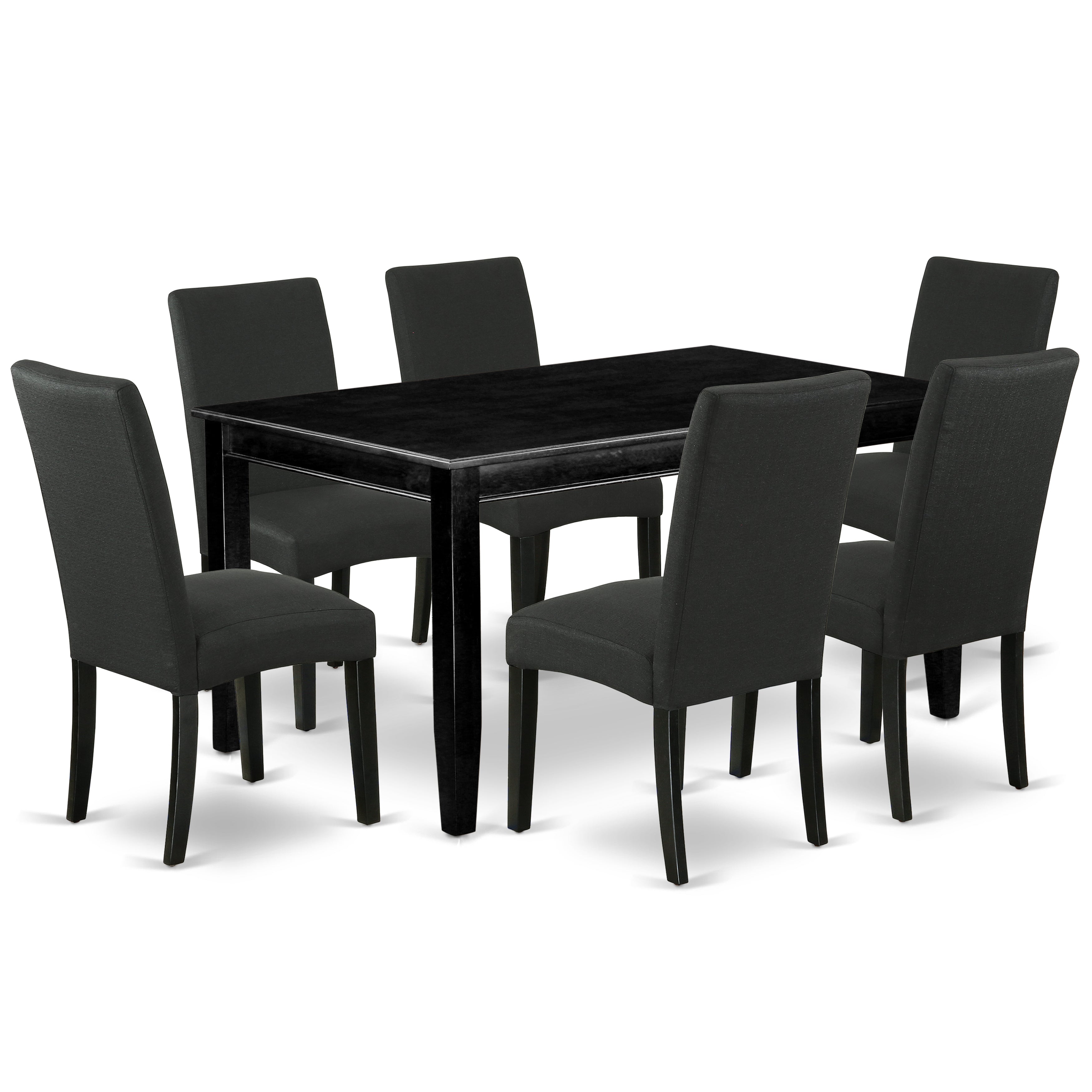 DUDR7-BLK-24 7Pc Rectangular 60 Inch Dining Table And Six Parson Chair With Black Finish Leg And Linen Fabric- Black Color