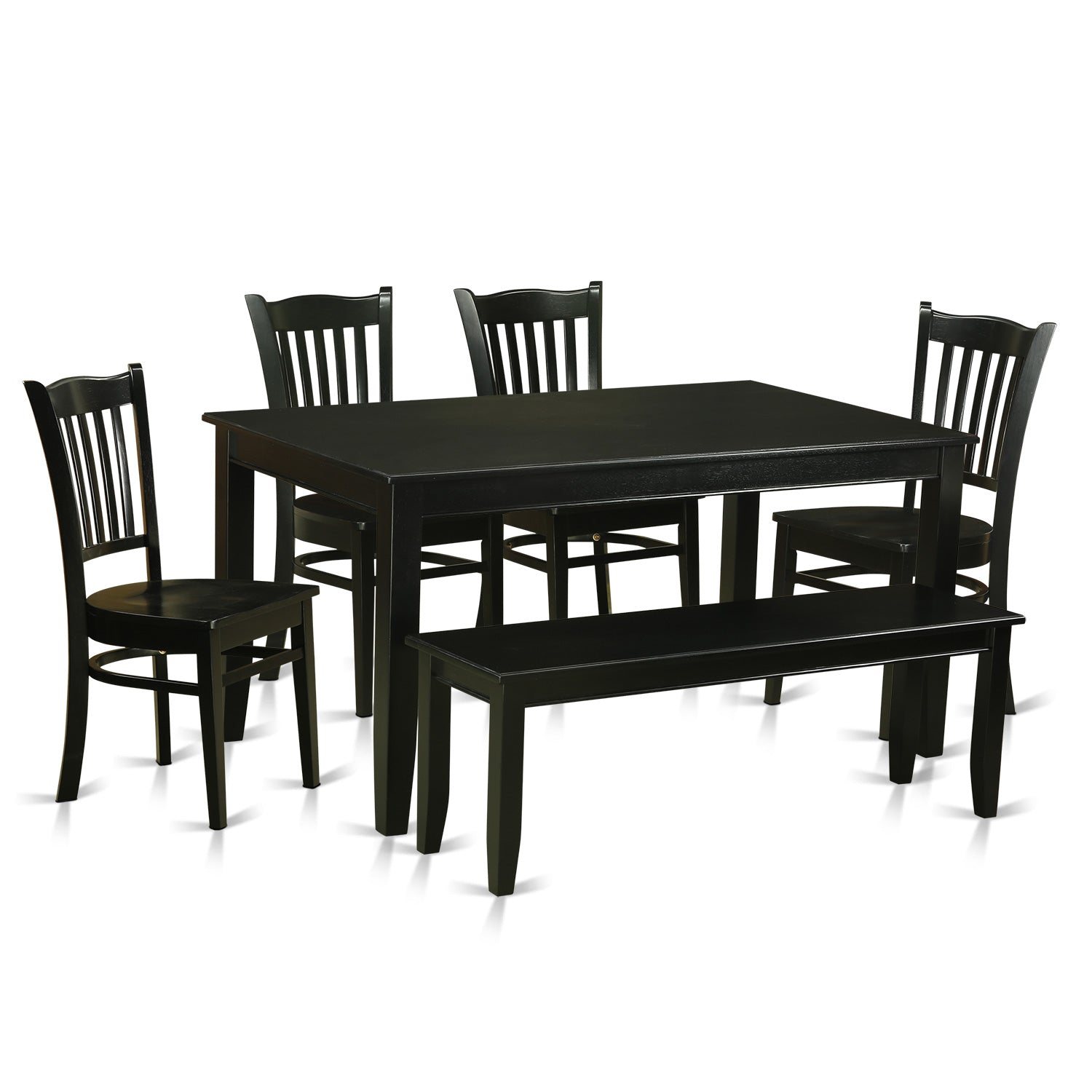 Juego de mesa de comedor de 6 piezas DUGR6-BLK-W de East West Furniture. Contiene una mesa de cocina rectangular y 4 sillas de comedor con un banco.