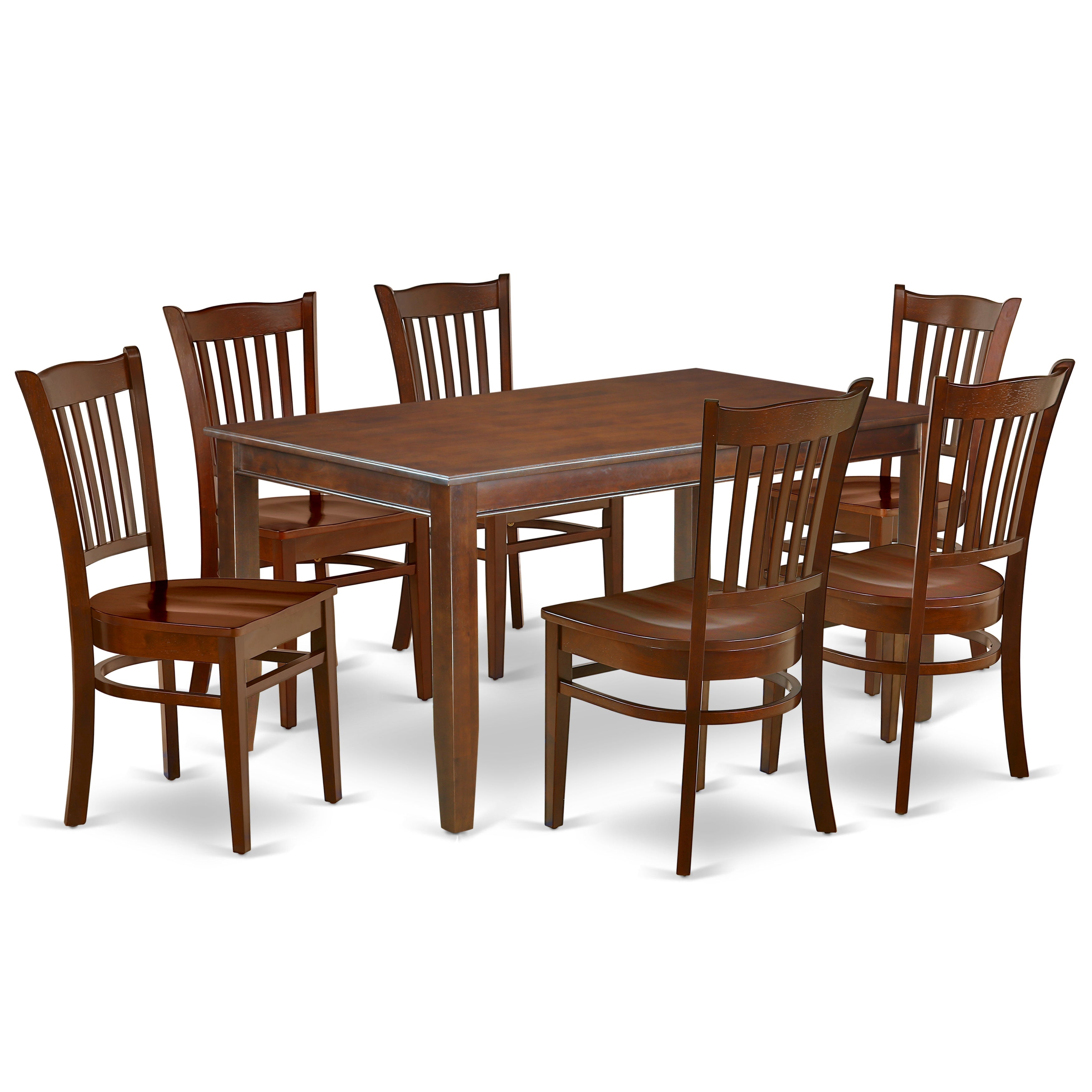 Juego de mesa y sillas de cocina de 7 piezas DUGR7-MAH-W de East West Furniture. Consta de una mesa de comedor rectangular y 6 sillas con asiento de madera maciza.