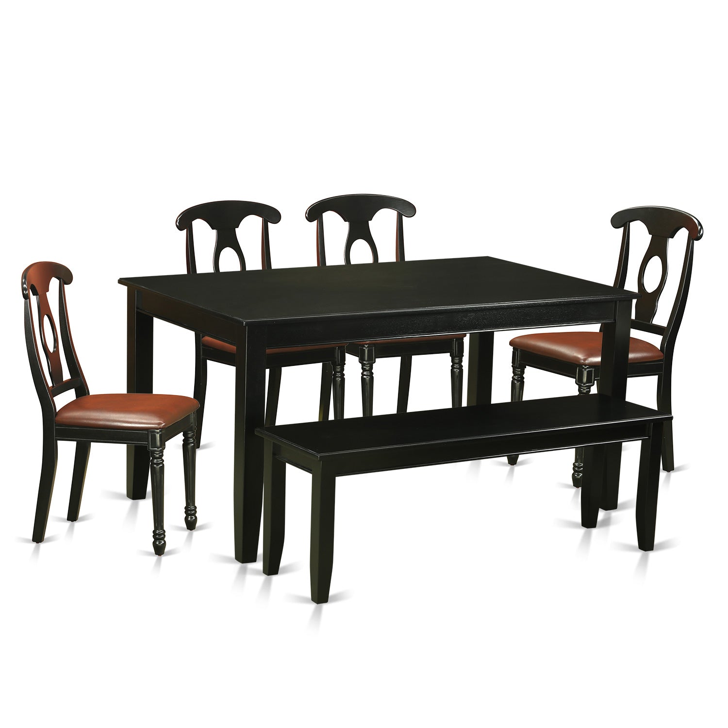 Juego de mesa de comedor moderna de 6 piezas DUKE6-BLK-LC de East West Furniture. Contiene una mesa rectangular de madera y 4 sillas de comedor de piel sintética con un banco.