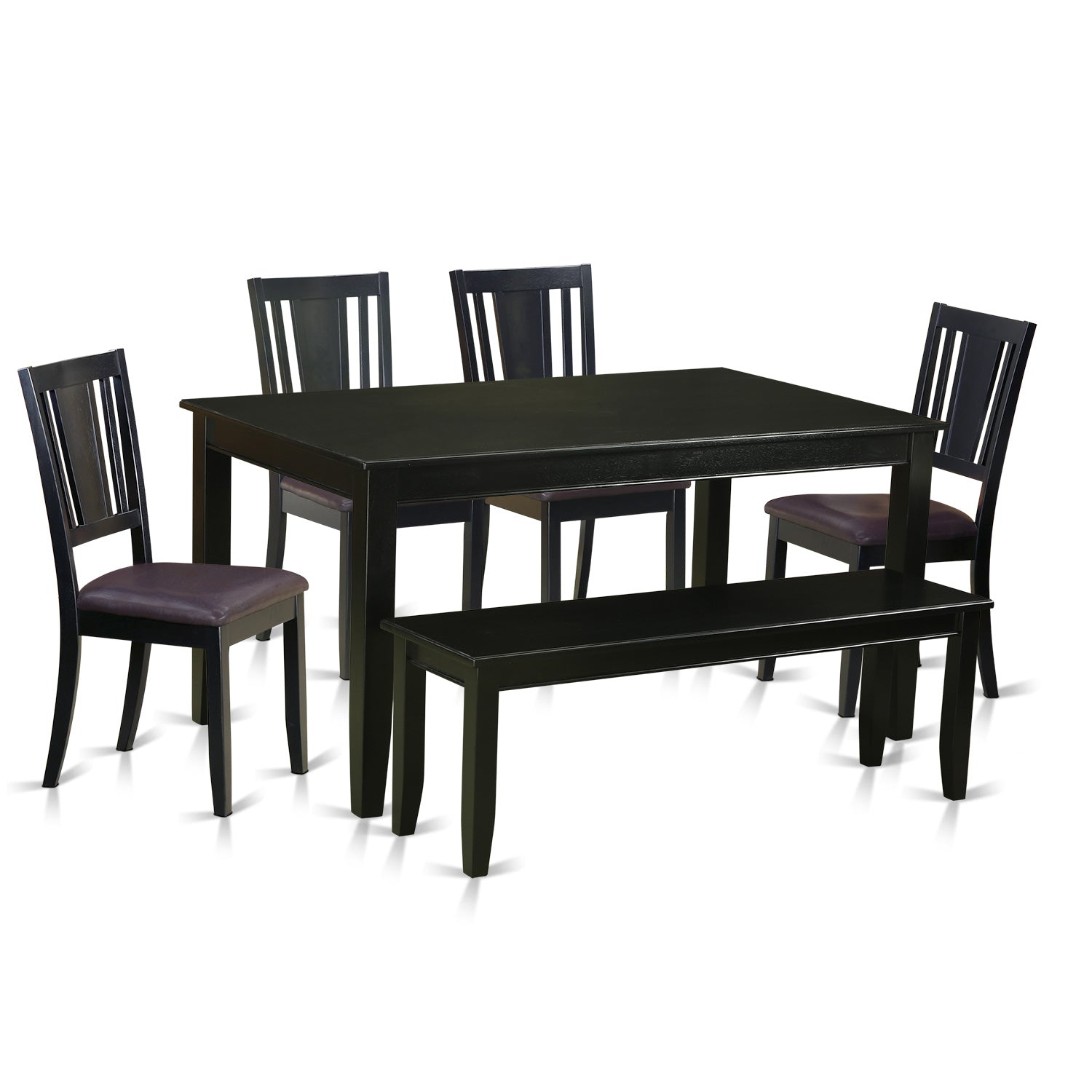 Juego de comedor de 6 piezas DULE6-BLK-LC de East West Furniture. Contiene una mesa de comedor rectangular y 4 sillas de cocina de cuero sintético con un banco.