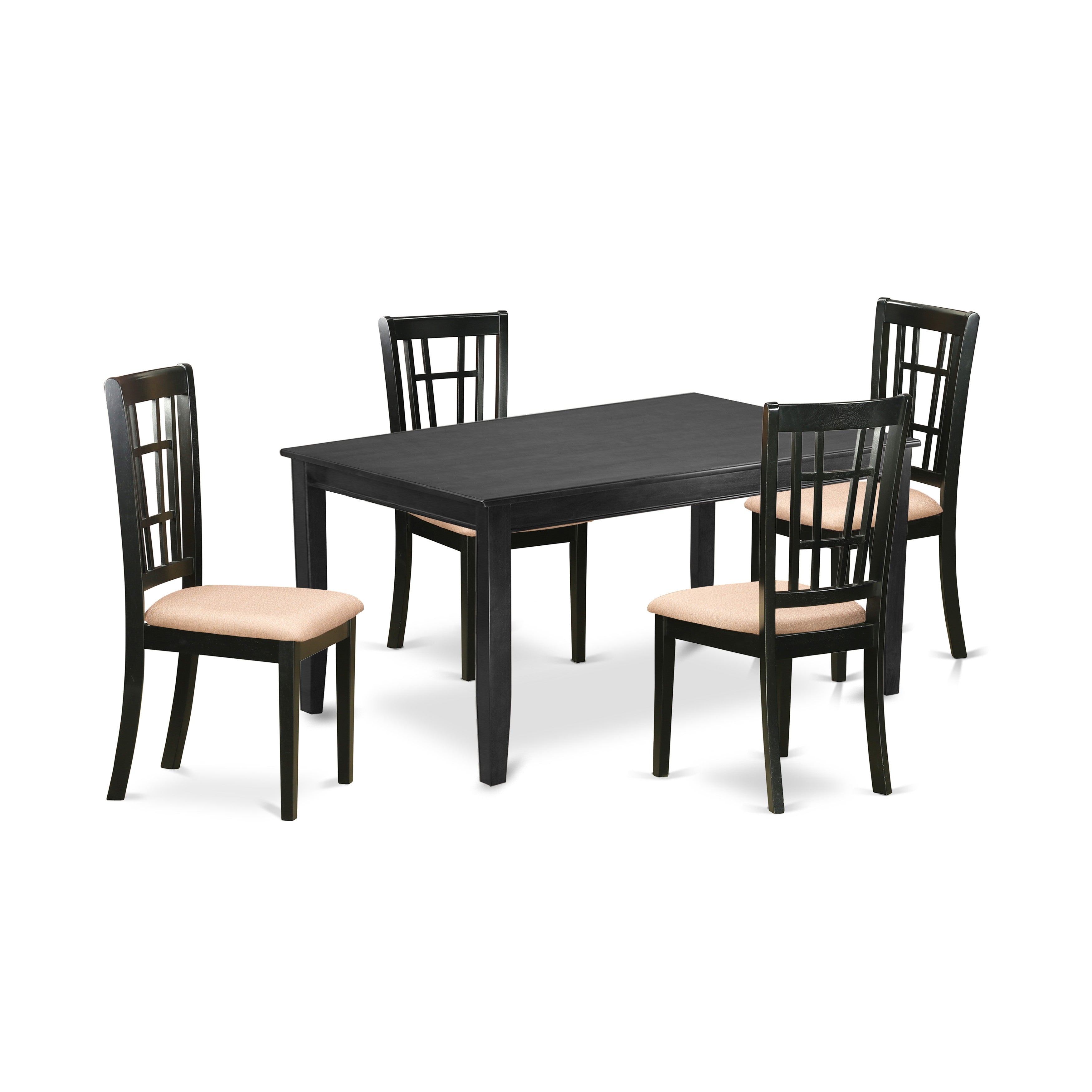 Juego de mesa y sillas de cocina de 5 piezas DUNI5-BLK-C de East West Furniture. Incluye una mesa de comedor rectangular y 4 sillas de comedor de tela de lino.