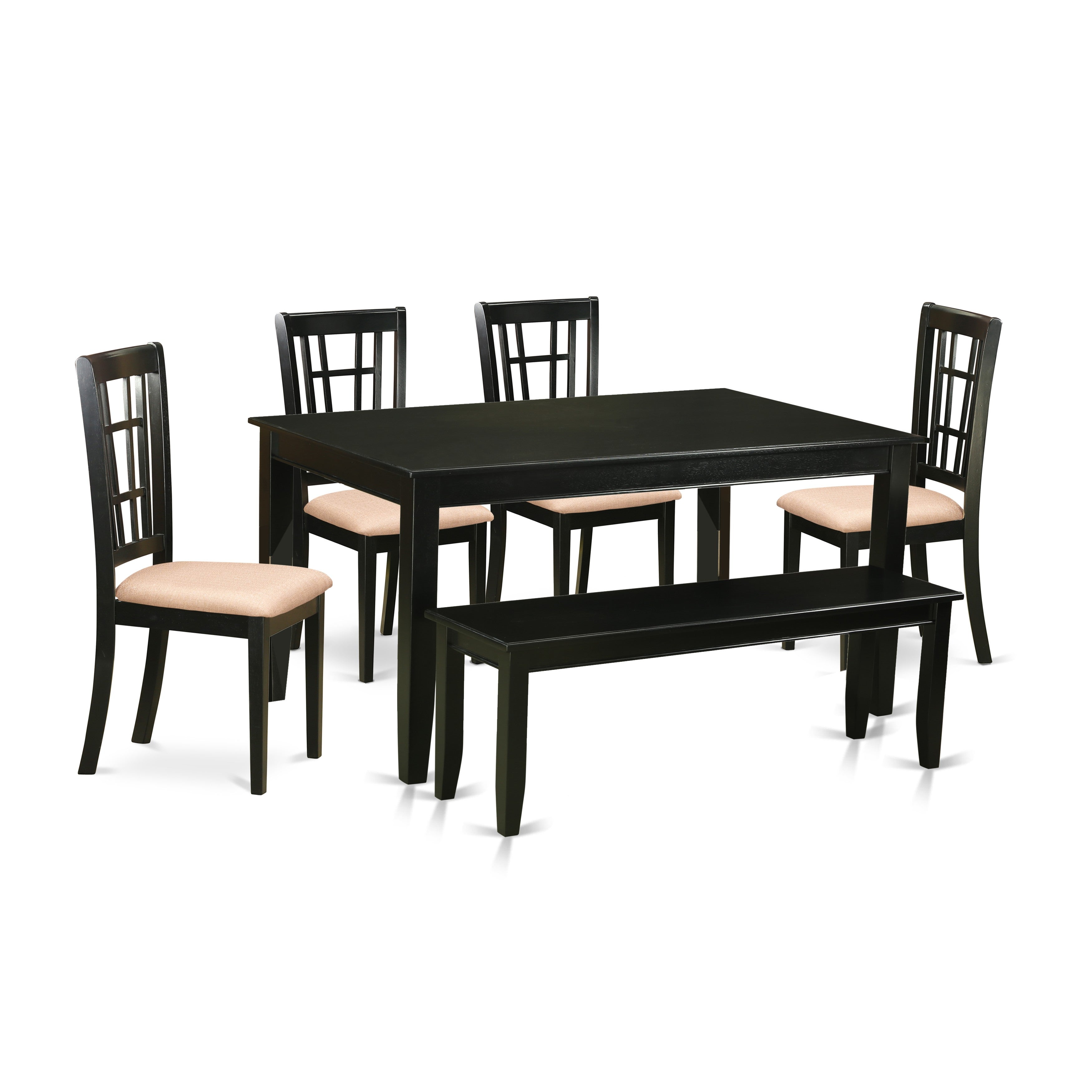 Juego de mesa de comedor de 6 piezas DUNI6-BLK-C de East West Furniture. Contiene una mesa rectangular de madera y 4 sillas de comedor de tela de lino con un banco.