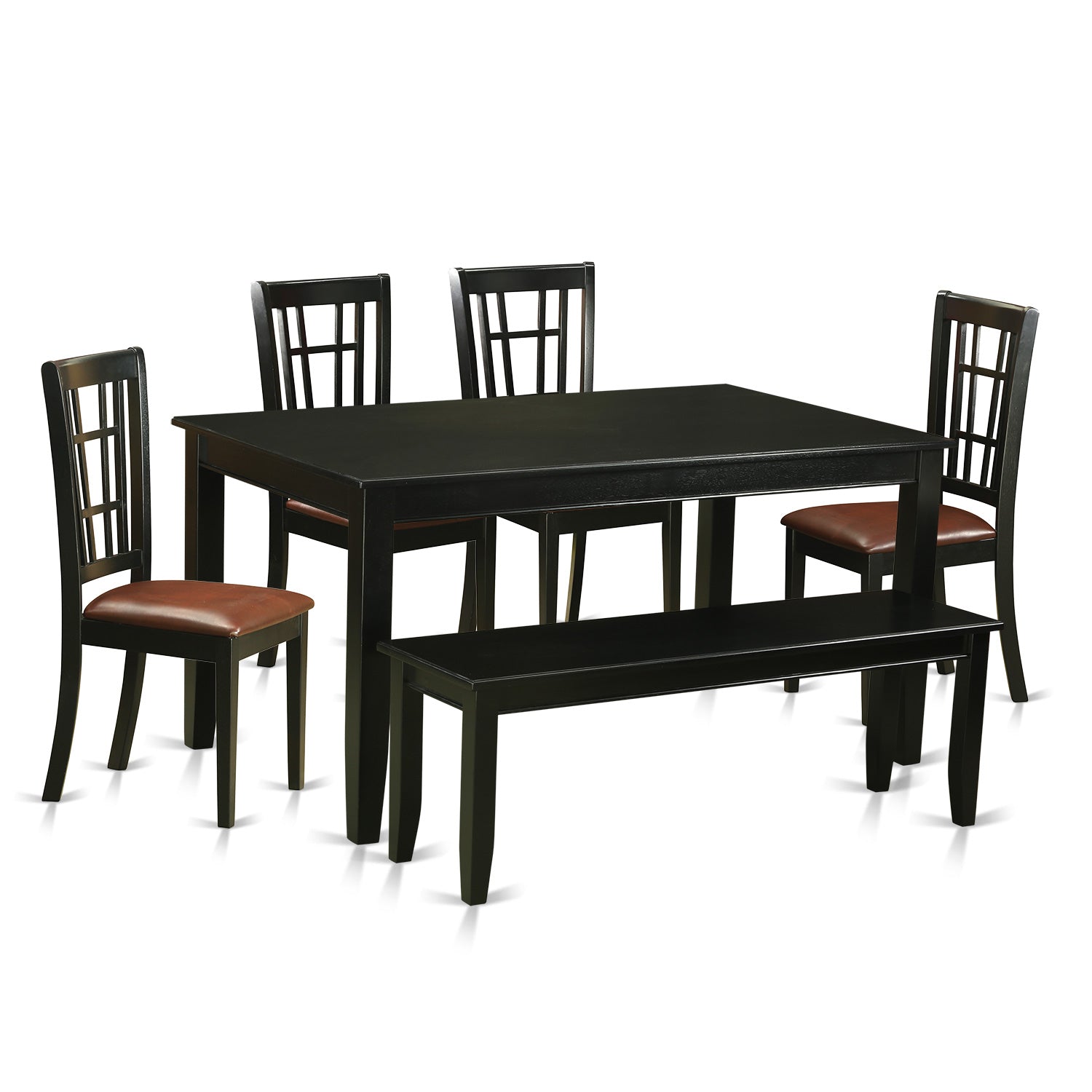 Juego de mesa y sillas de cocina de 6 piezas DUNI6-BLK-LC de East West Furniture. Contiene una mesa de comedor rectangular y 4 sillas de comedor de cuero sintético con un banco.