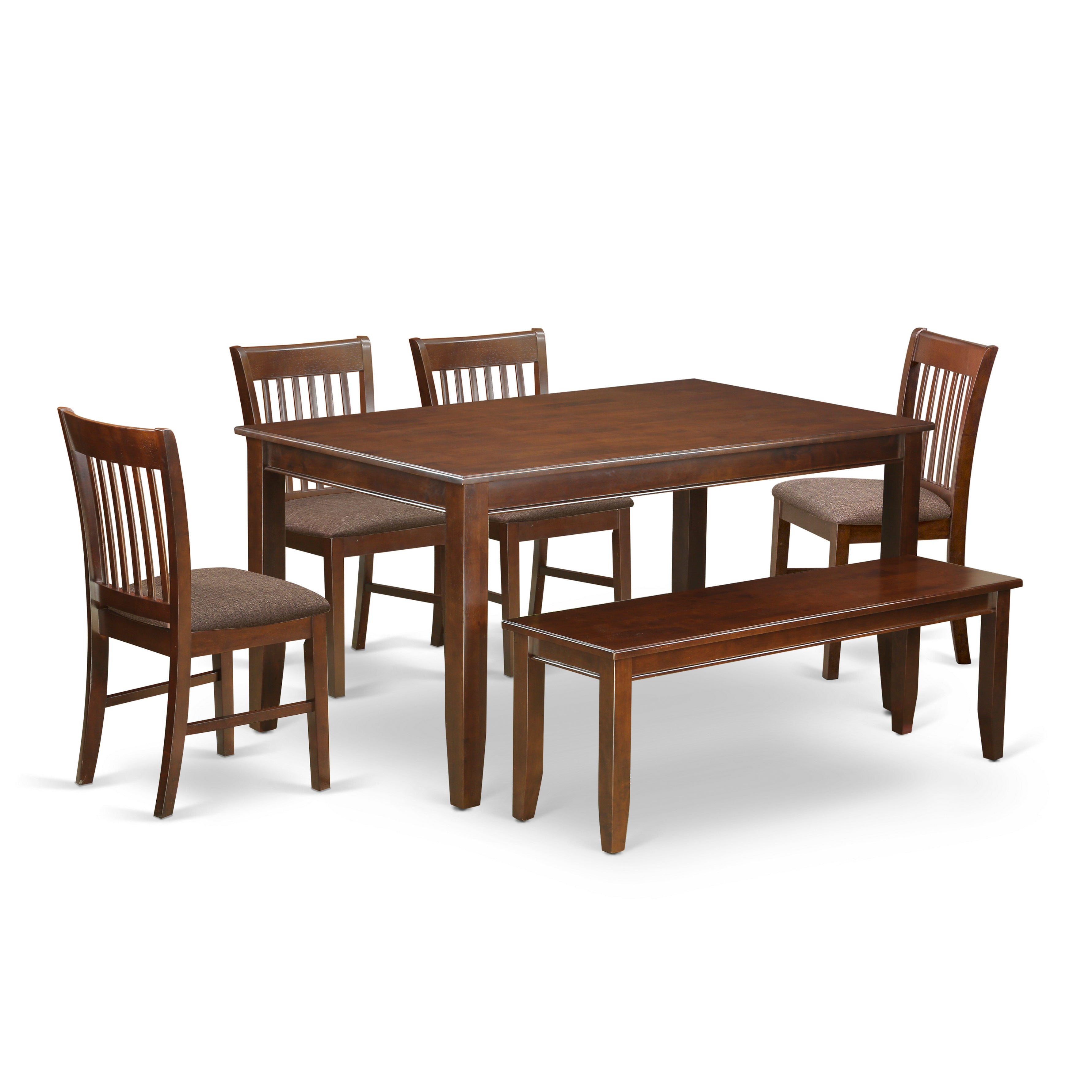 Juego de mesa de cocina de 6 piezas DUNO6D-MAH-C de East West Furniture. Contiene una mesa de comedor rectangular y 4 sillas de comedor de tela de lino con un banco.