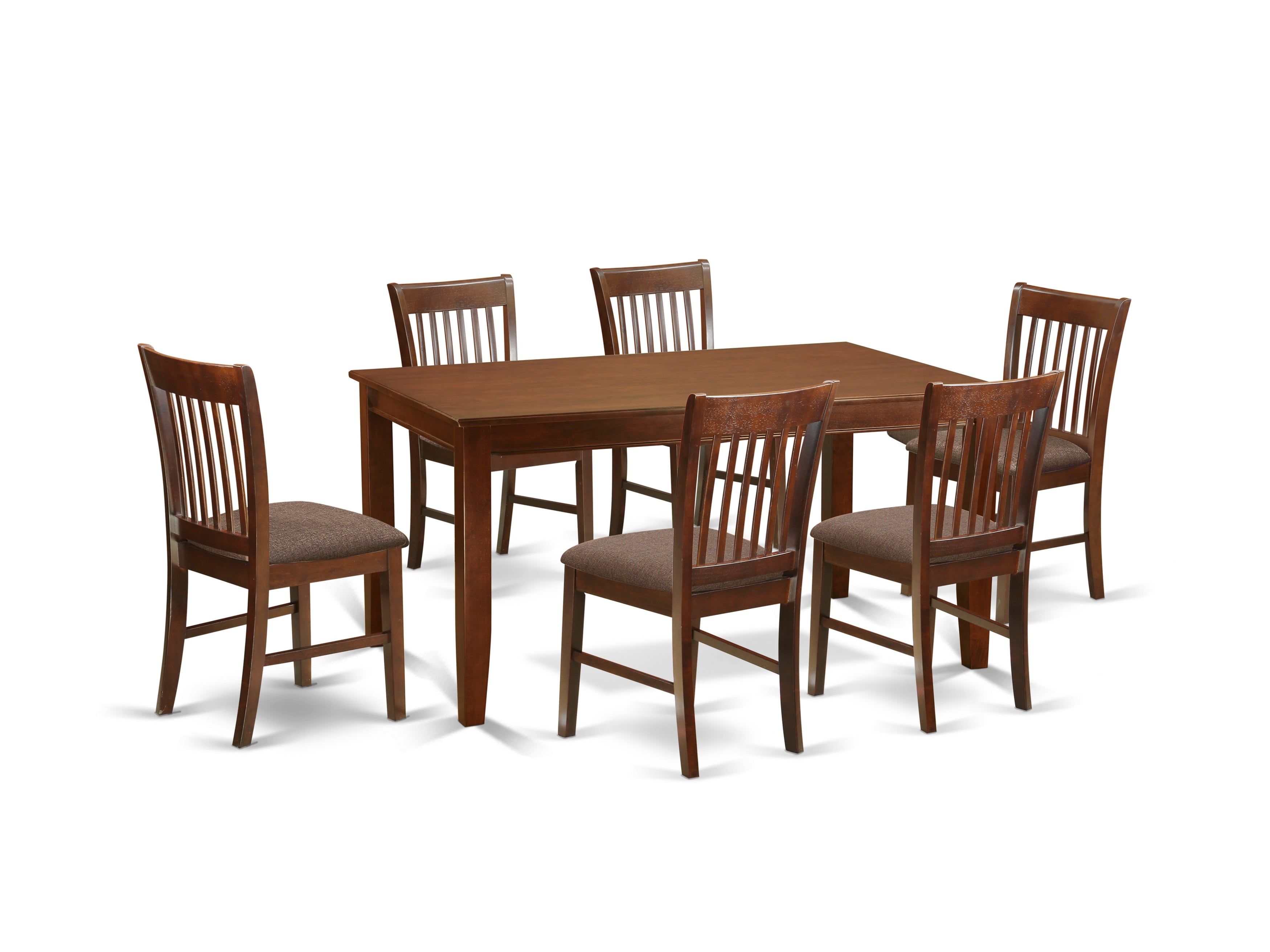 Juego de mesa de comedor de 7 piezas DUNO7-MAH-C de East West Furniture. Consta de una mesa de cocina rectangular y 6 sillas de comedor tapizadas en tela de lino.