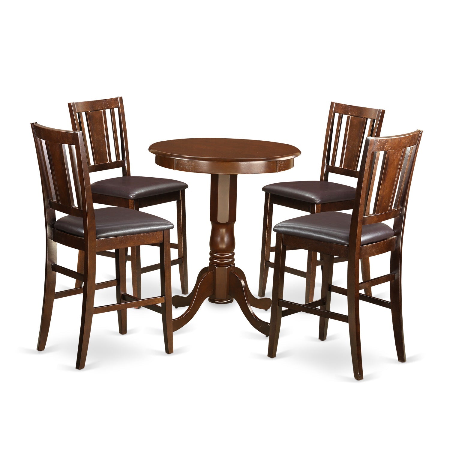 Juego de pub de 5 piezas con altura de mostrador EDBU5-MAH-LC de East West Furniture. Incluye una mesa de comedor redonda con pedestal y 4 sillas de cocina tapizadas en piel sintética.