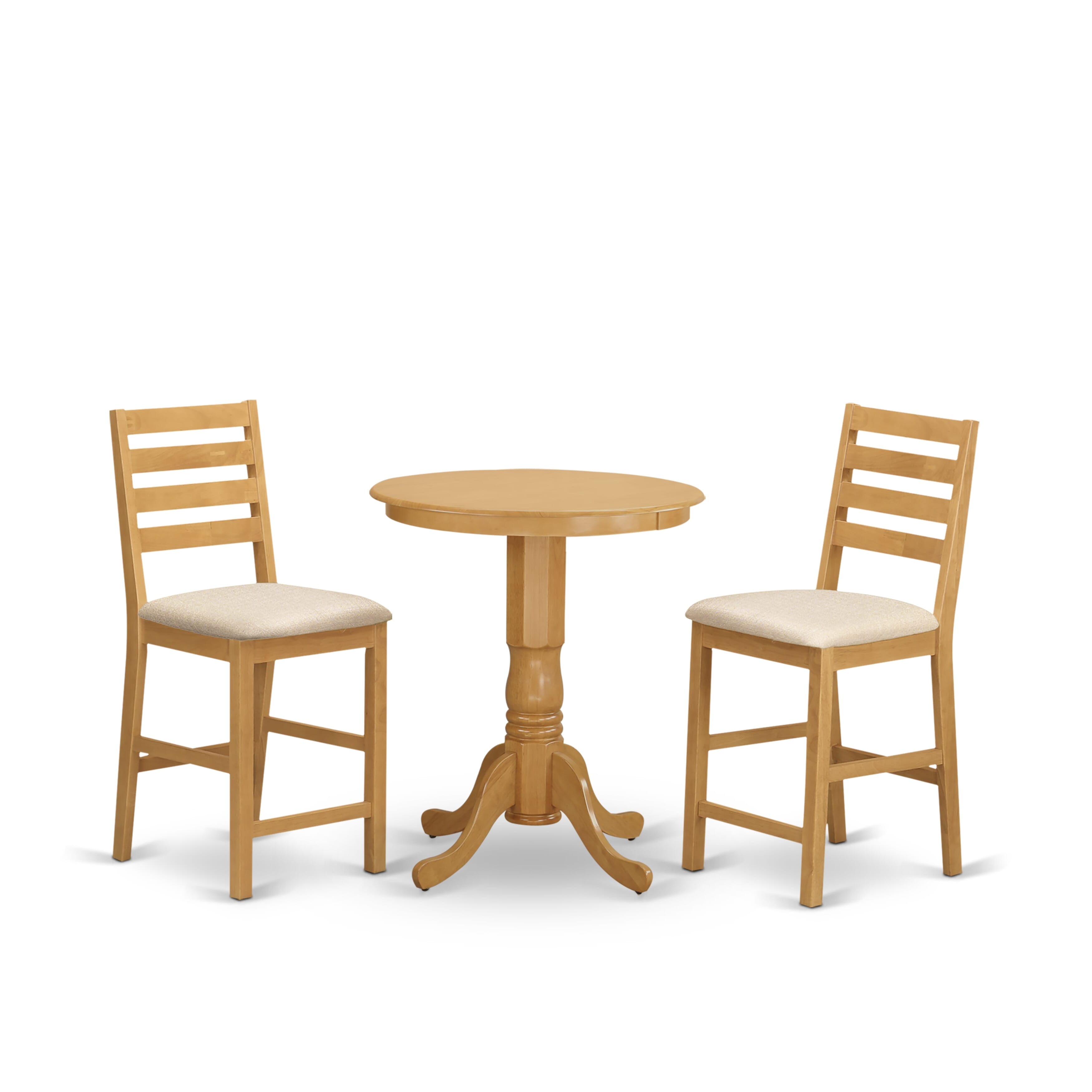 Juego de comedor de 3 piezas East West Furniture EDCF3-OAK-C con altura de mostrador para espacios pequeños. Incluye una mesa de cocina redonda con pedestal y 2 sillas de comedor de tela de lino.