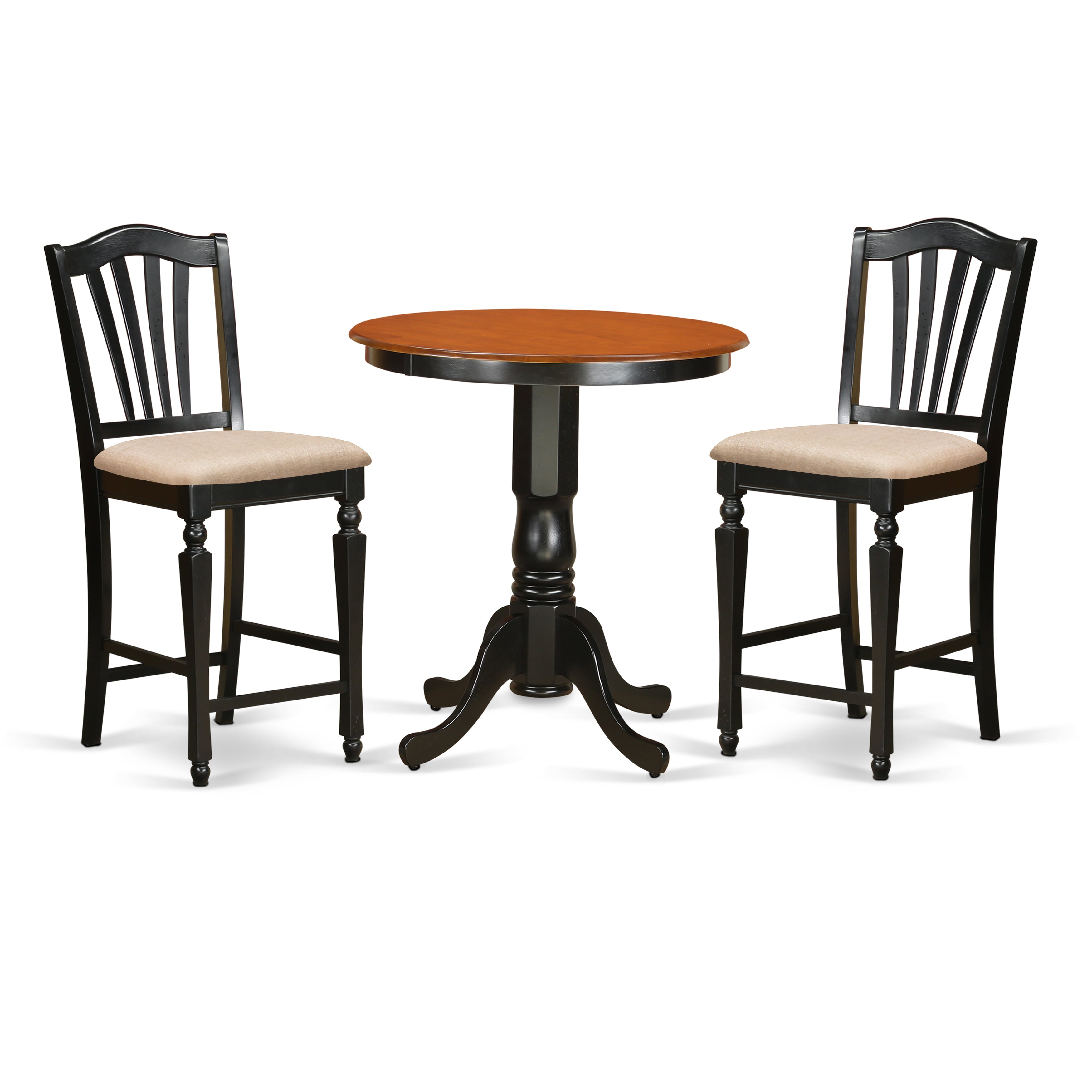 Juego de mesa de comedor de 3 piezas East West Furniture EDCH3-BLK-C con altura de mostrador. Incluye una mesa de cocina redonda con pedestal y 2 sillas de comedor tapizadas en tela de lino.