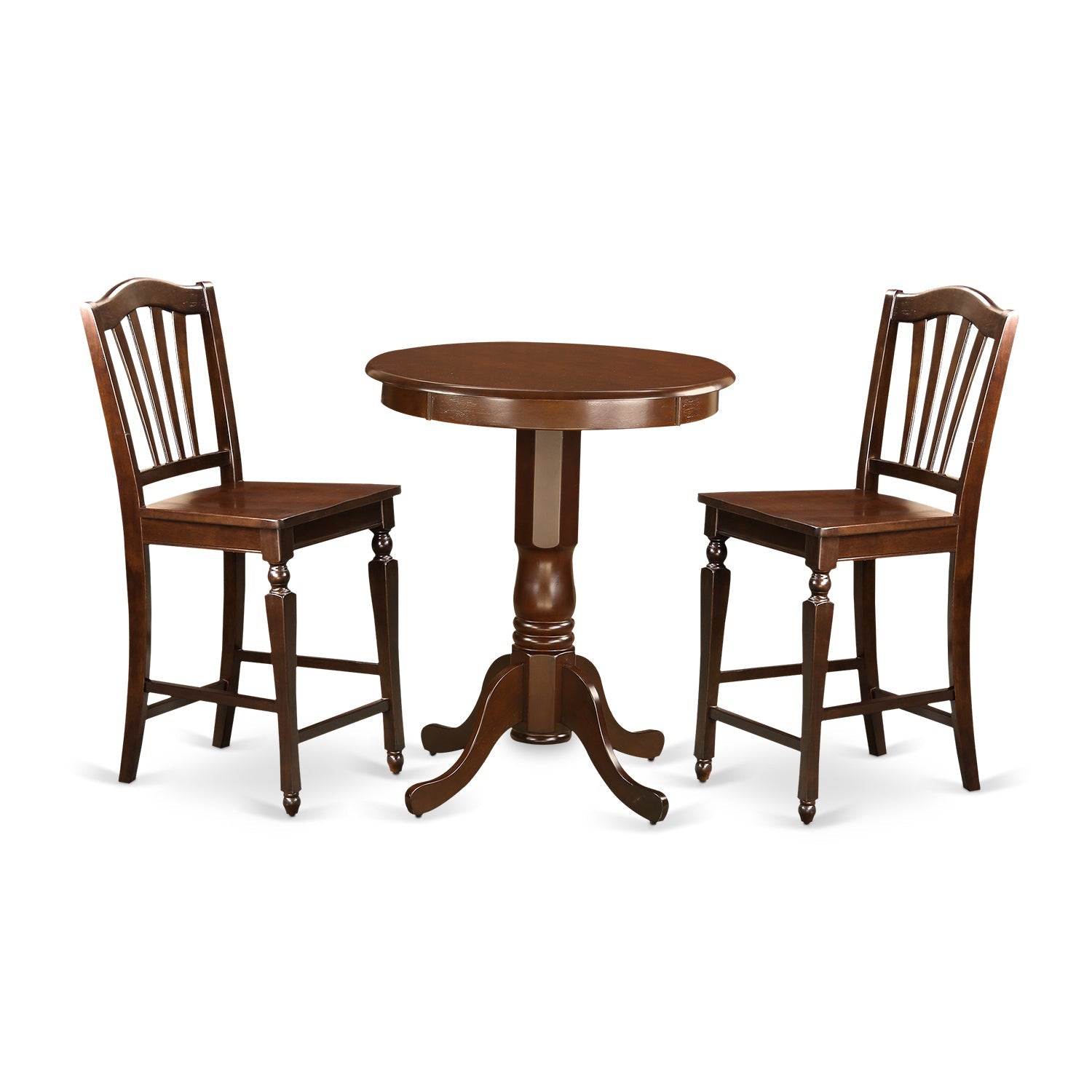 Juego de comedor de 3 piezas East West Furniture EDCH3-MAH-W con altura de mostrador para espacios pequeños. Incluye una mesa de cocina redonda con pedestal y 2 sillas de comedor.