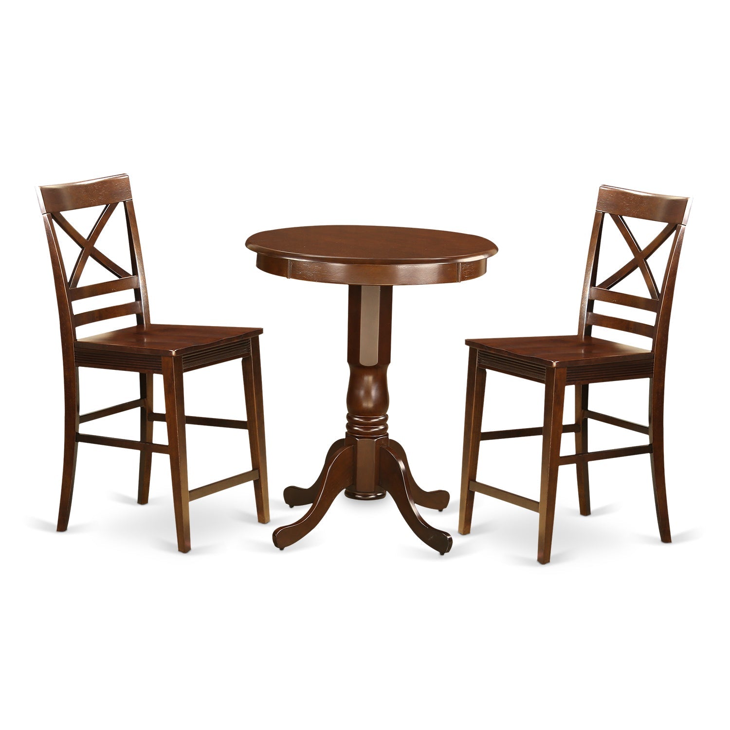 Juego de comedor de 3 piezas East West Furniture EDQU3-MAH-W con altura de mostrador para espacios pequeños. Contiene una mesa de comedor redonda con pedestal y 2 sillas con asiento de madera.