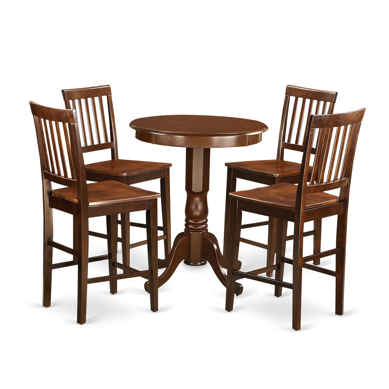 Juego de mesa de comedor de 5 piezas East West Furniture EDVN5-MAH-W con altura de mostrador para cocina. Incluye una mesa de bar redonda con pedestal y 4 sillas de comedor.
