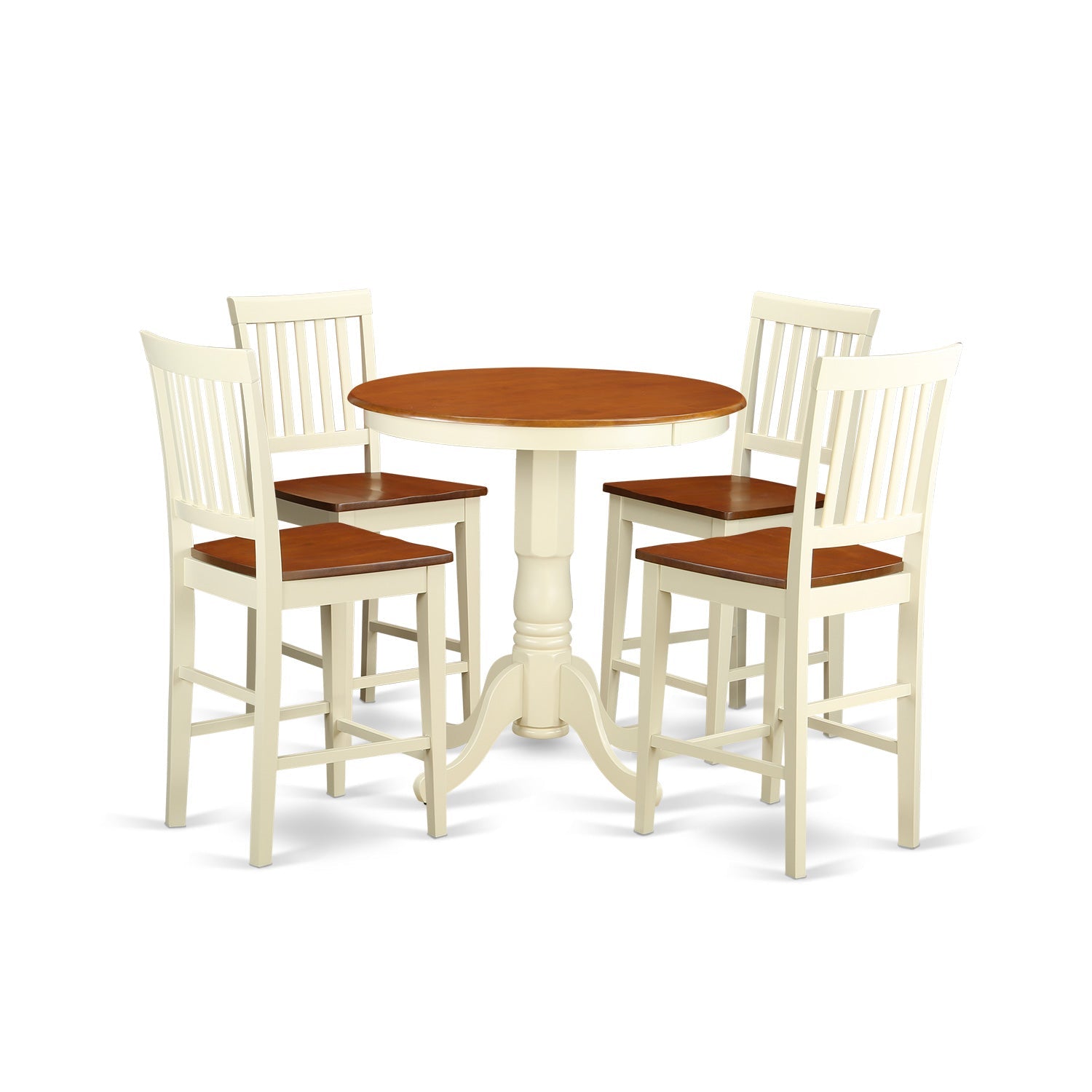 Juego de mesa de comedor de 5 piezas con altura de mostrador para cocina EDVN5-WHI-W de East West Furniture. Incluye una mesa redonda de madera con pedestal y 4 sillas de comedor.