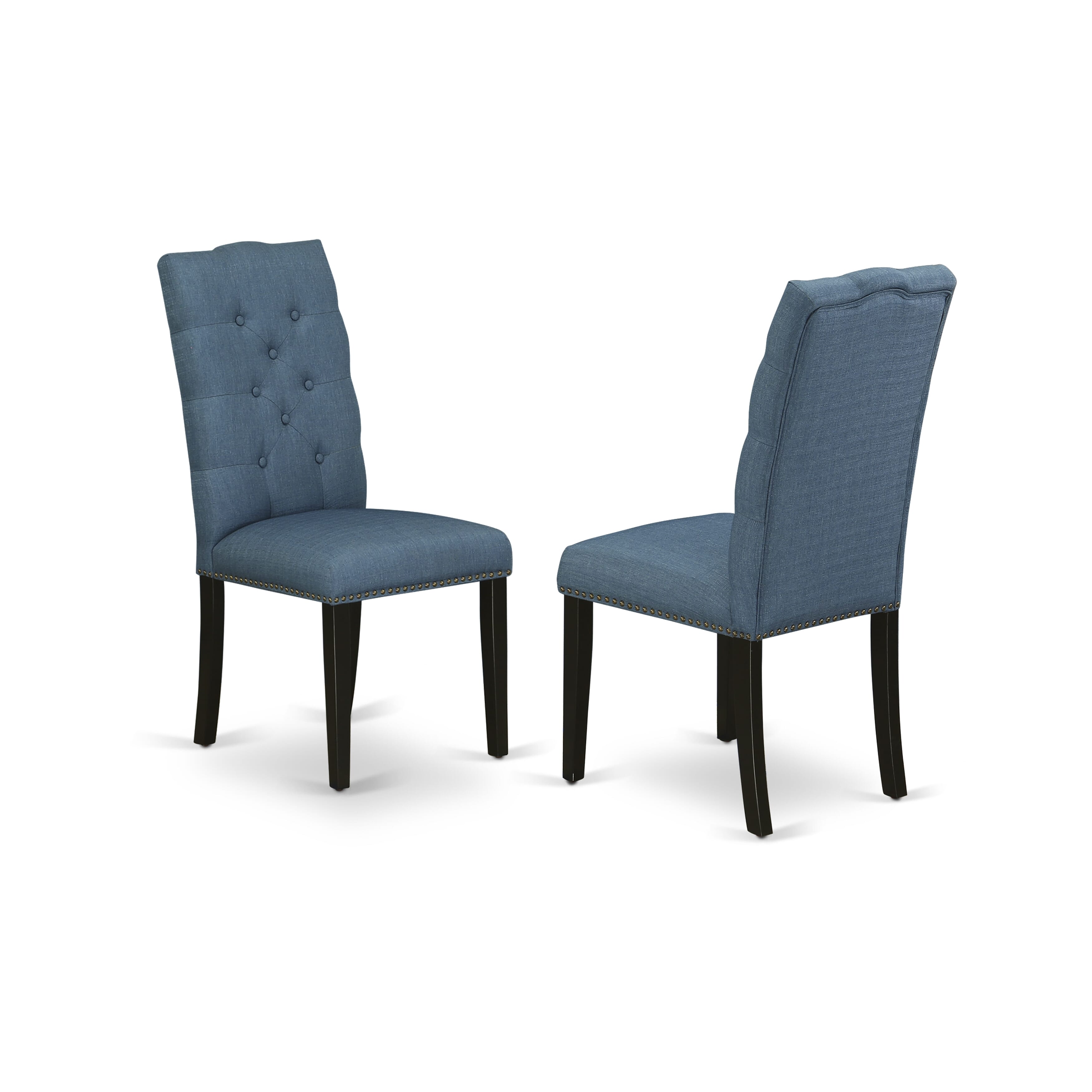 East West Furniture LAEL11-71-21 11-Piece Mid Century Modern Dining Set Contains a Dining Table and 10 Mineral Blue Linen Fabric Dining Chairs with Button Tufted Back - Distressed Jacobean Finish