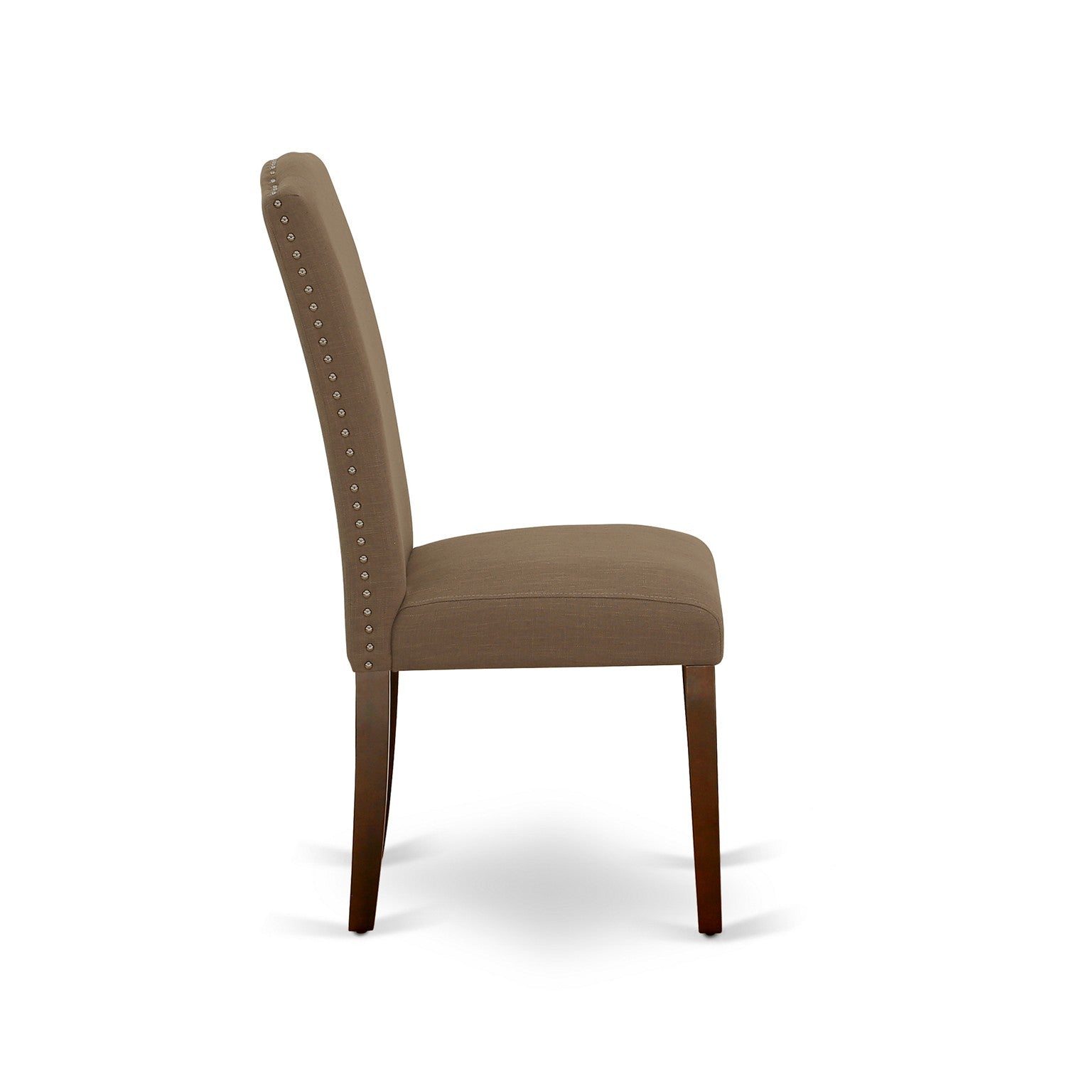 Juego de mesa de comedor moderna de 3 piezas East West Furniture AMEN3-MAH-18. Incluye una mesa de cocina redonda con pedestal y 2 sillas tapizadas en tela de lino color café oscuro.