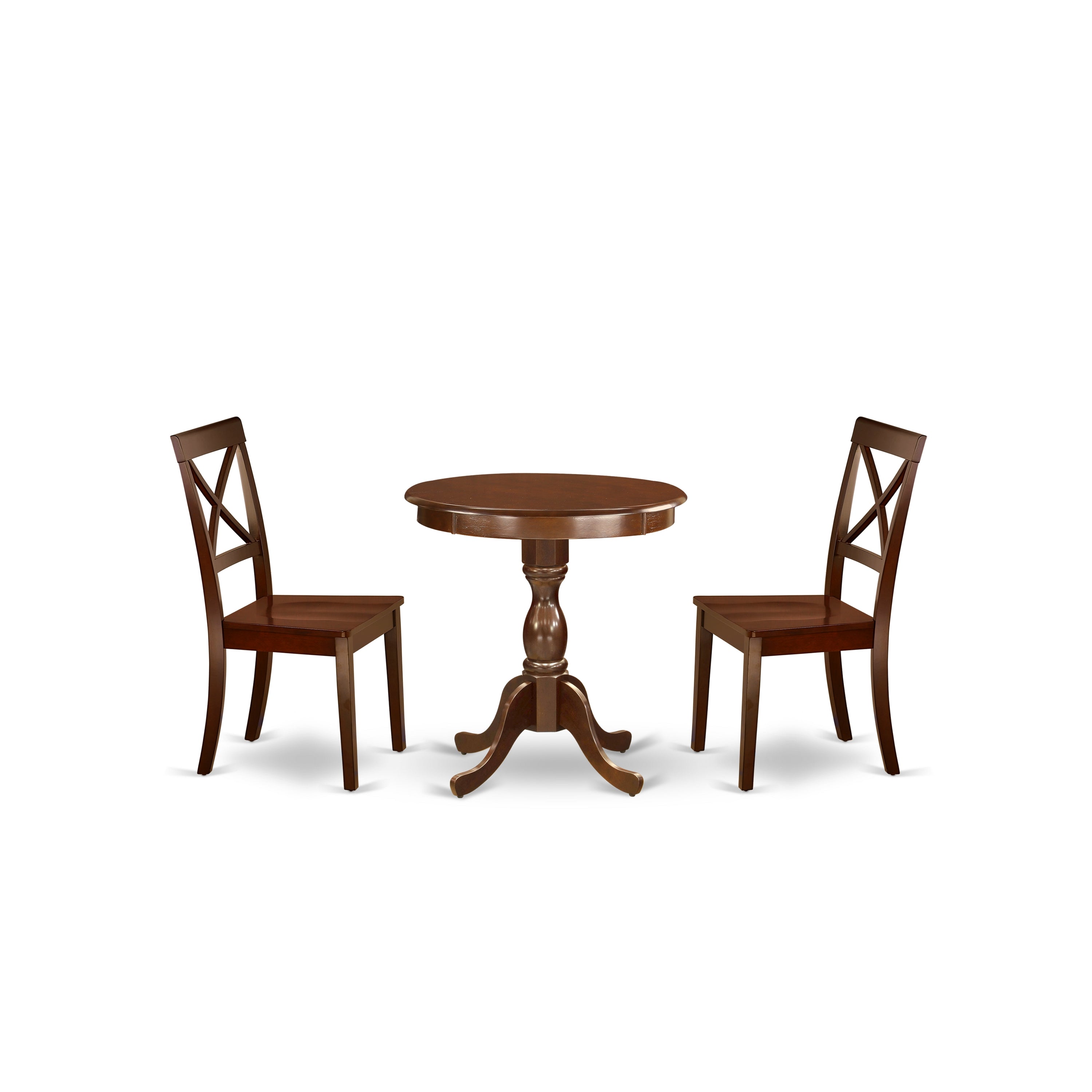 EAST WEST FURNITURE - ESBO3-MAH-W - 3-Pc Modern Dining Table Set - 2 dining room chairs Wooden Seat with X Back and 1 Dining Table - Mahogany Finish